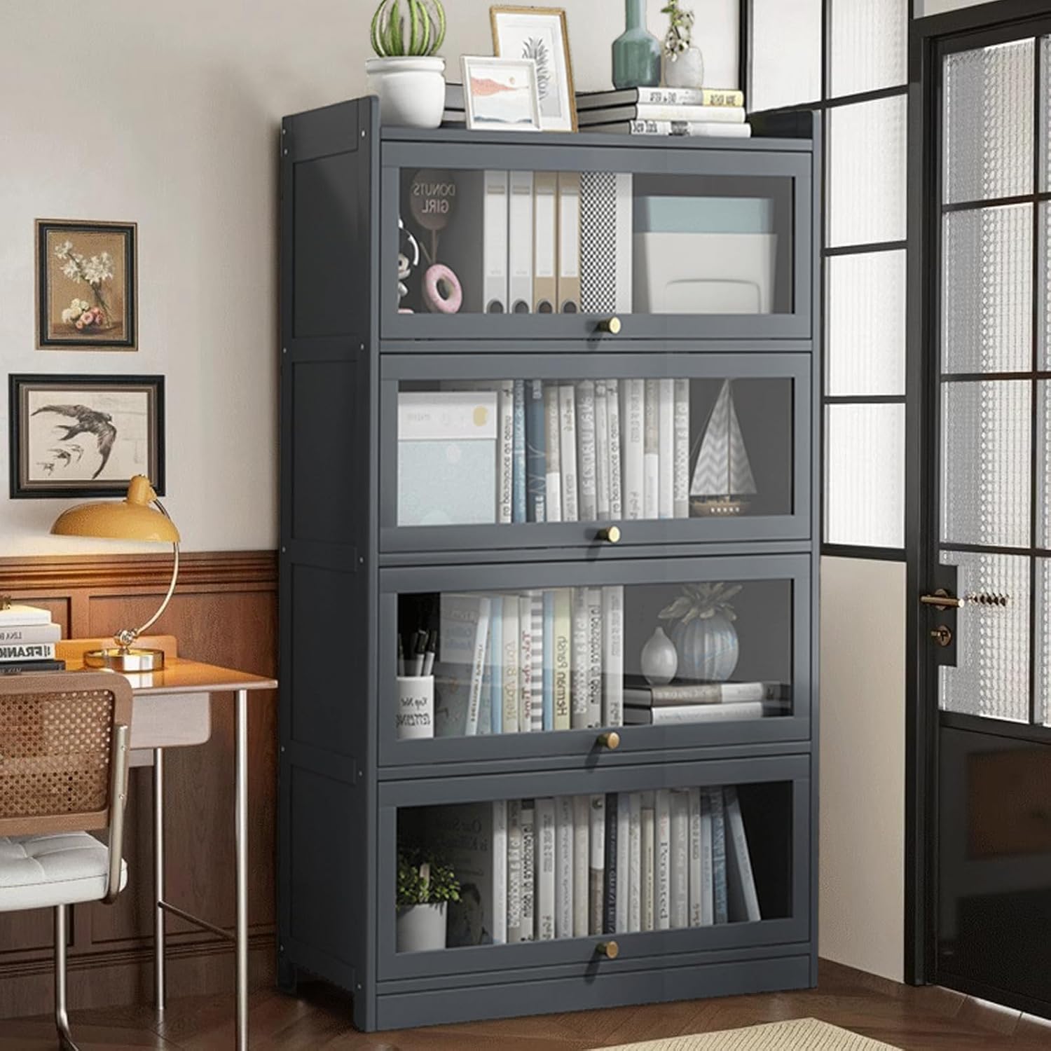 4-Tier Bamboo Bookcases with Acrylic Doors,55.1" Freestanding Display Storage Shelves for Collectibles,Tall Bookshelfs & Bookcases & Book Shelfs for Home, Office, Playroom, Living Room