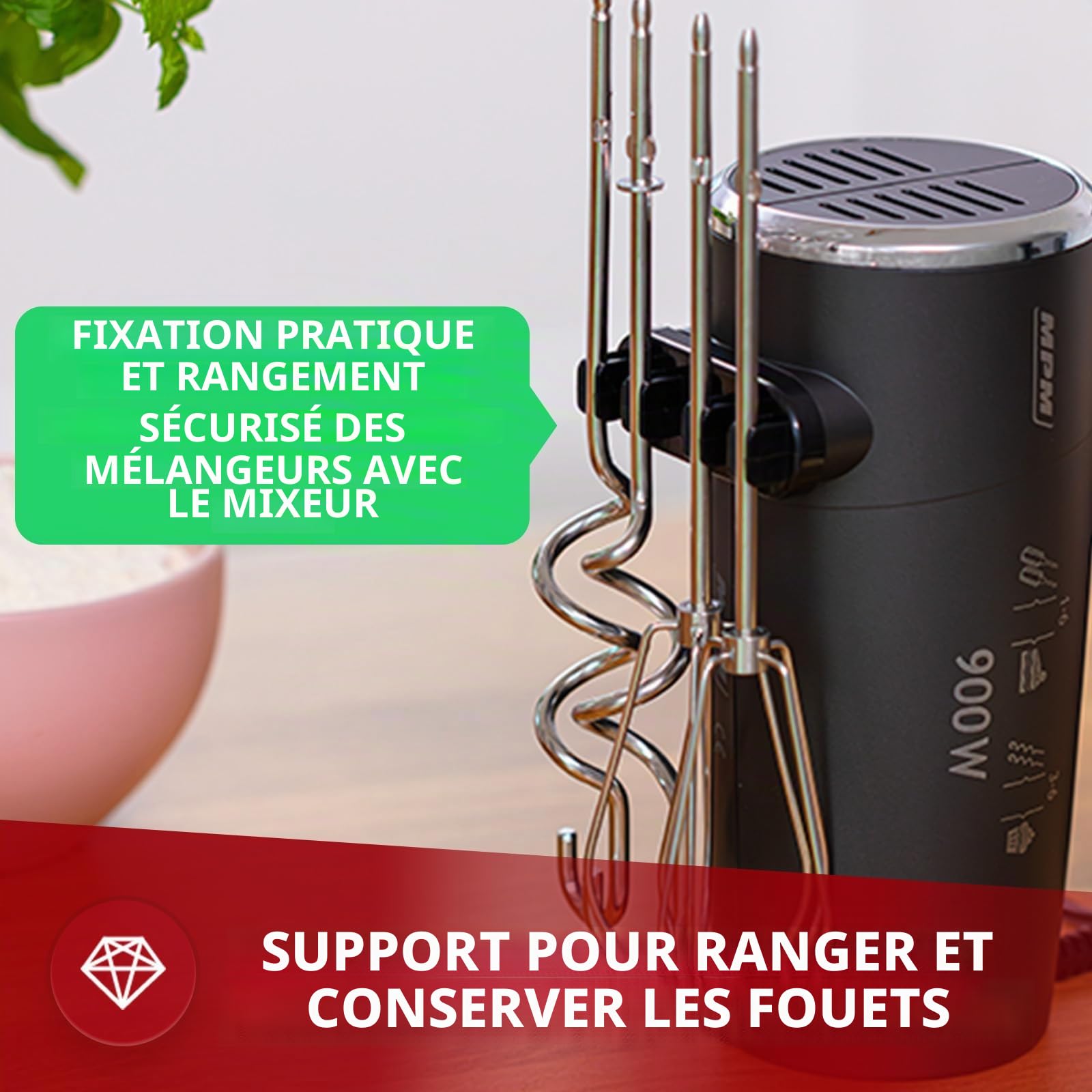 MPM Batteur à main avec 2 fouets et 2 crochets pétrisseurs - 6 vitesses avec bouton turbo - 900 W - Anthracite