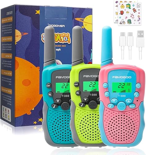 FAYOGOO Paquete de 3 Walkie Talkies para Niños de Largo Alcance 2 Millas, Walkie Talkies Recargables para Niños con Linterna, Batería Incorporada,