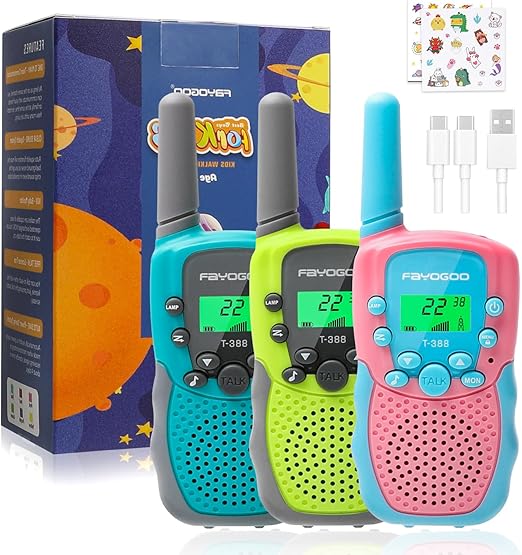 FAYOGOO 3 Pack Walkie Talkies for Kids Long Range 2 Miles,Rechargeable Kids Walkie Talkies with Flashlight,Built-in Battery,Toys Gifts for 3-12 Year Old Boys Girls, Christmas Birthday Gifts