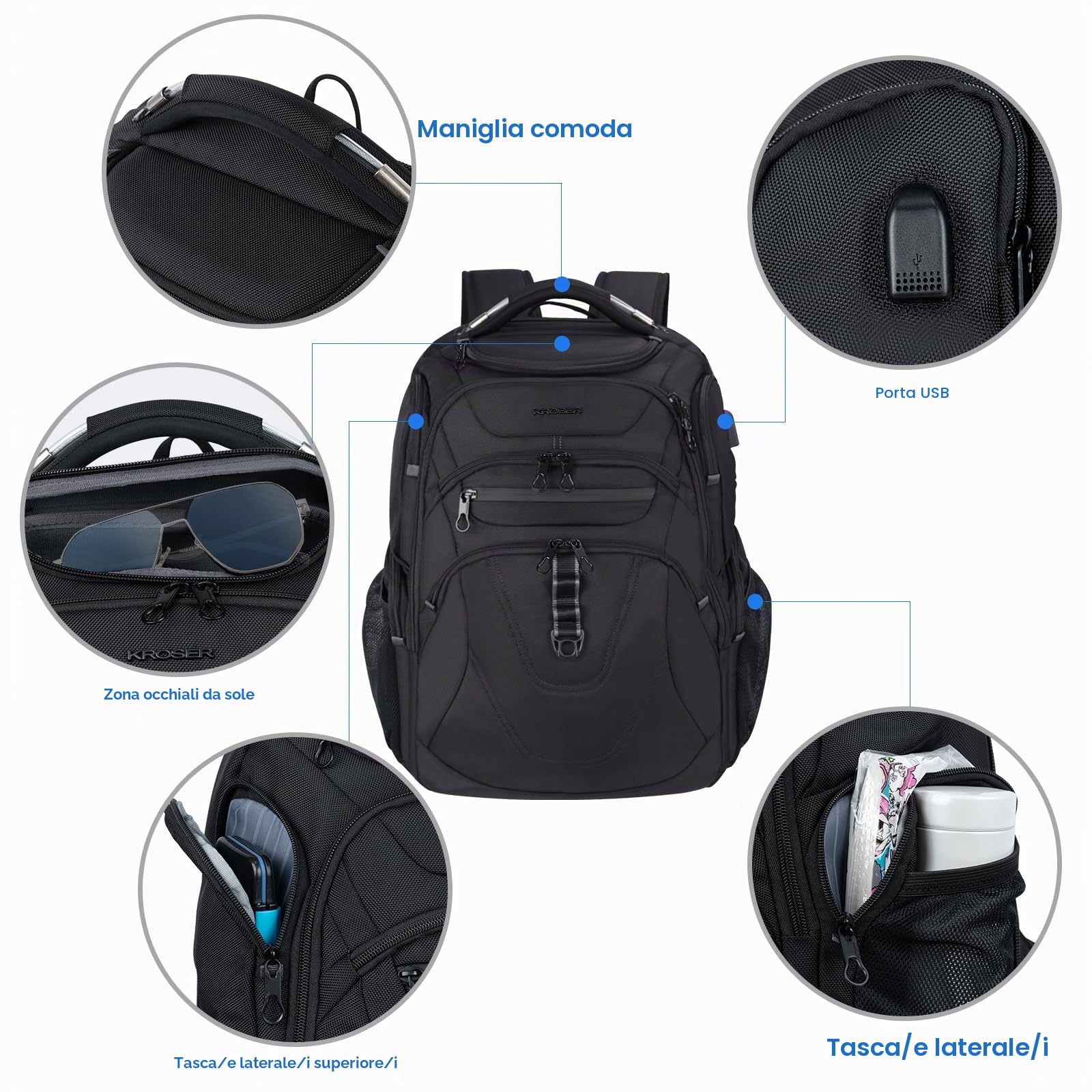 KROSER TSA Friendly - Zaino da viaggio per computer portatile, 17,3 pollici, Nero e grigio., 18.4 inch, Zaini Daypack