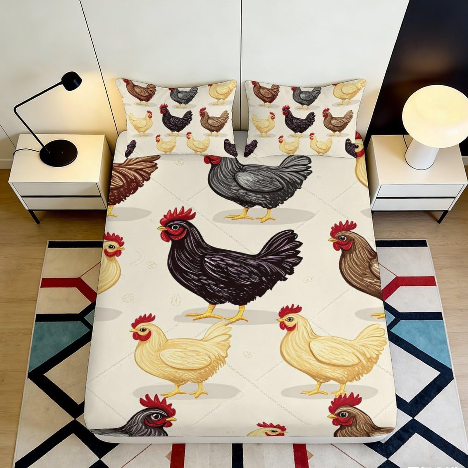 3D Printed Chicken Farm Fitted Sheet Microfiber Soft Anti-Slip Hen Pattern Mattress Cover for Bedroom Guest Room Decor 90x200x25cm