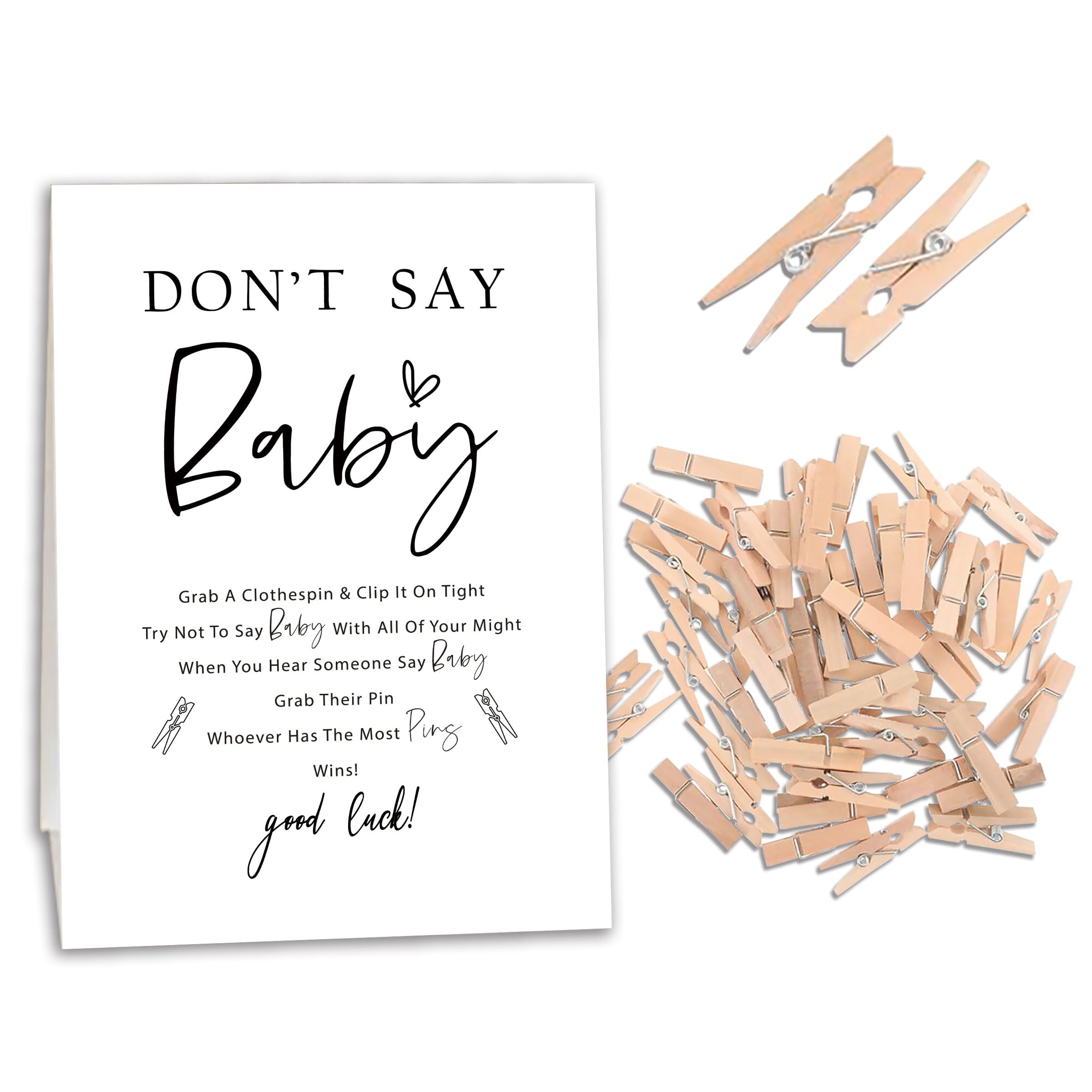 Don't Say Baby Game Set, Don't Say Baby Game for Baby Shower (One Sign with 50 Mini Clothespins), Minimalist Theme Baby Shower Decorations, Gender