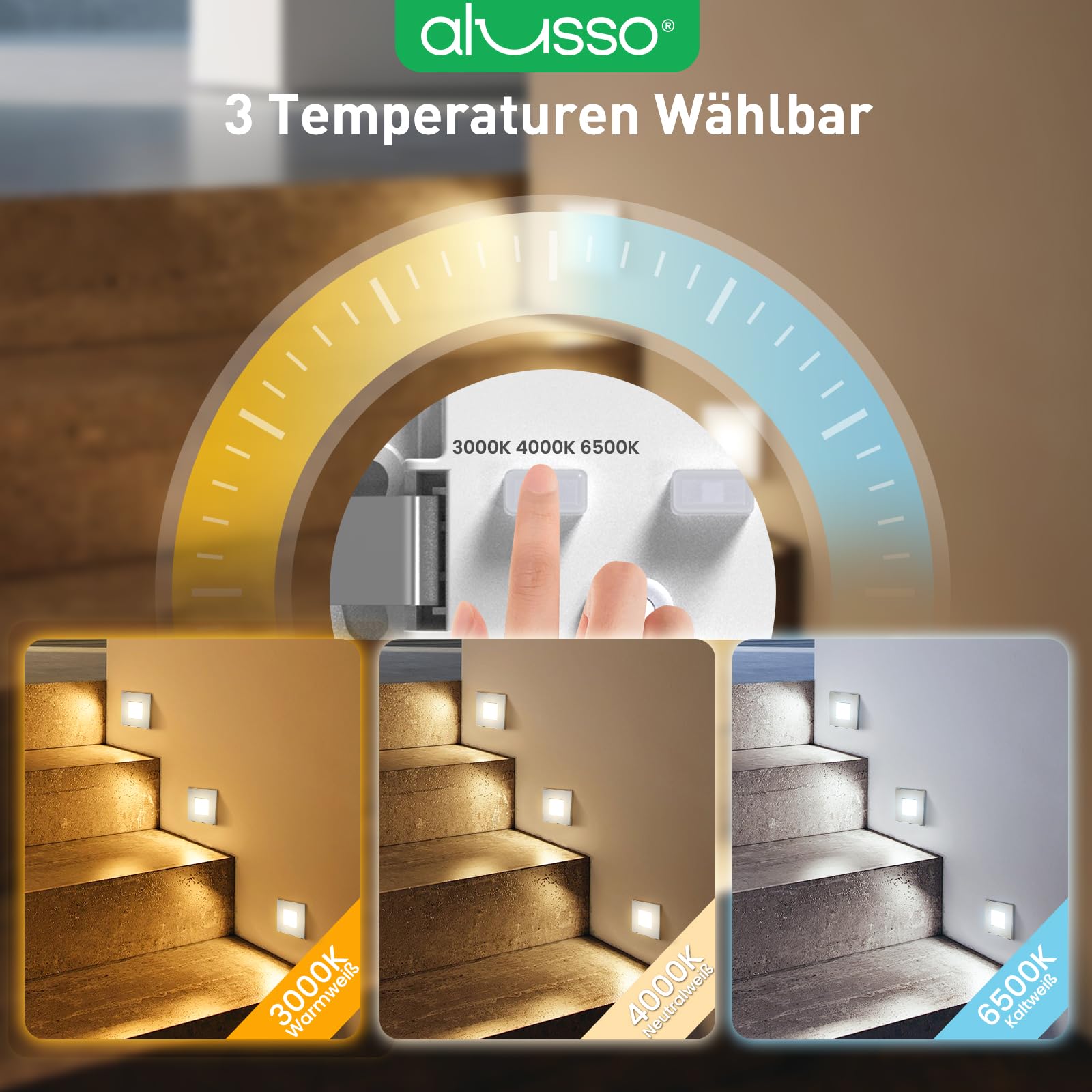 ALUSSO LED Treppenbeleuchtung 230V, 3WT 0.5W 1.5W 2.5W, 3CCT Warmweiß Neutralweiß Kaltweiß Treppenlicht, IP44 Treppenleuchte Wandeinbauleuchte, Eckig Nickel, 6er Set