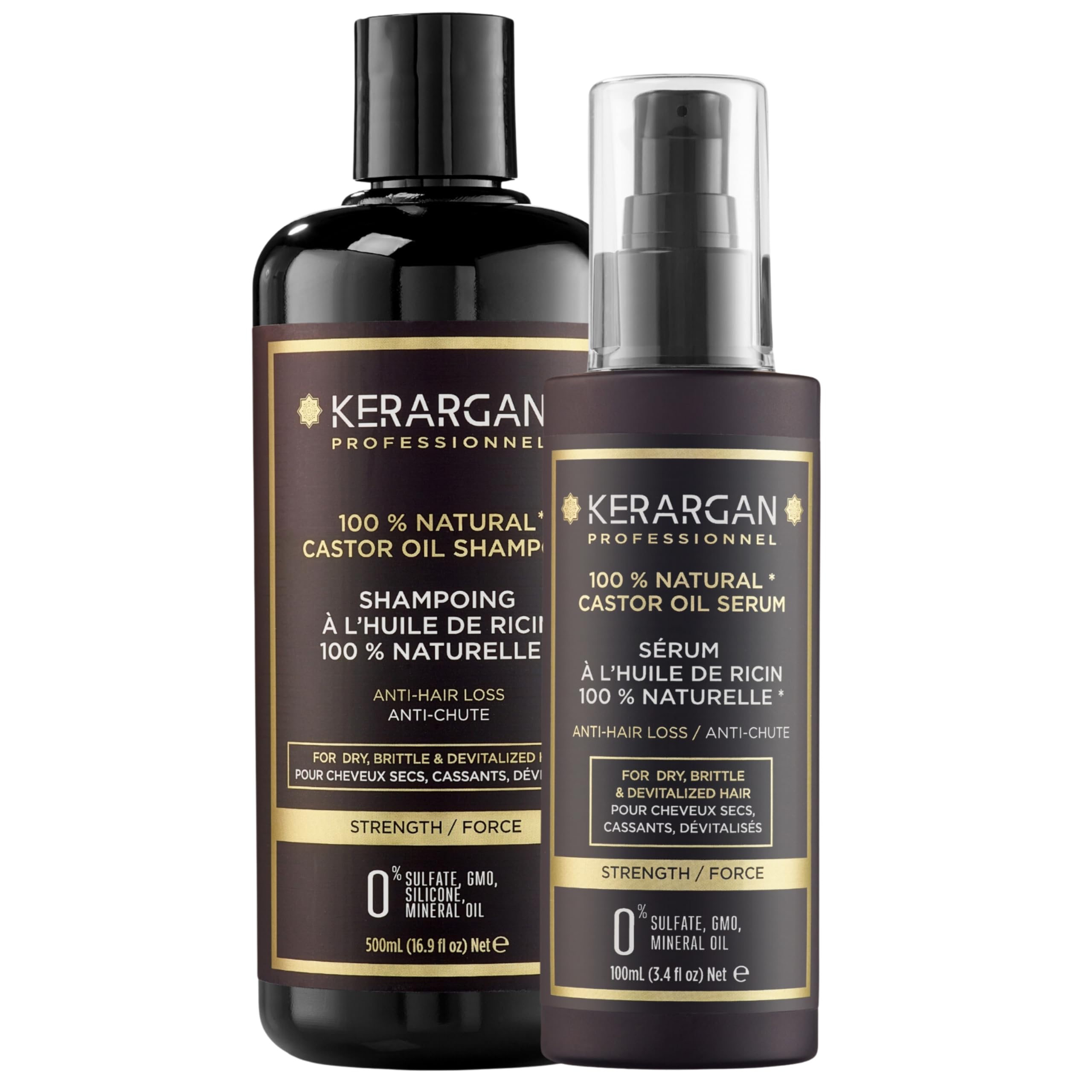 Kerargan - Dúo Anti-Caída Champú y Suero con Aceite de Ricino Para Cabello Seco, Quebradizo y Sin Vida - Fortalece y Favorece el Crecimiento - Sin Sulfatos, Parabenos ni Siliconas - 500ml + 100ml