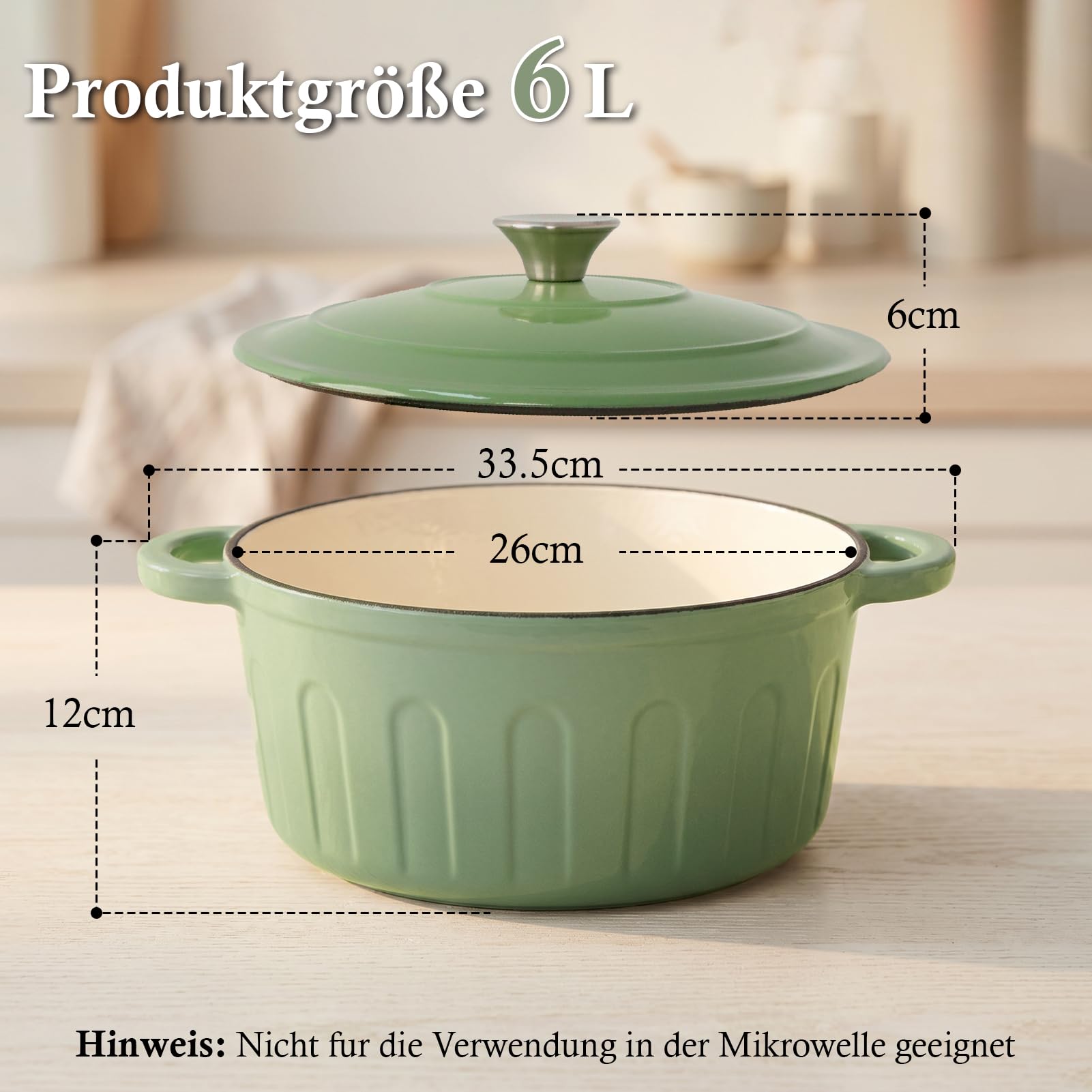 LZDMY Gusseisen Topf Brot Backen 6 Liter 26 CM, Backofenfest bis 300°C | Premium Schmortopf für Induktion, Bräter aus Gusseisen Ideal zum Brot Backen & Schmoren, Brotbacktopf mit Deckel Grün 5,3 KG