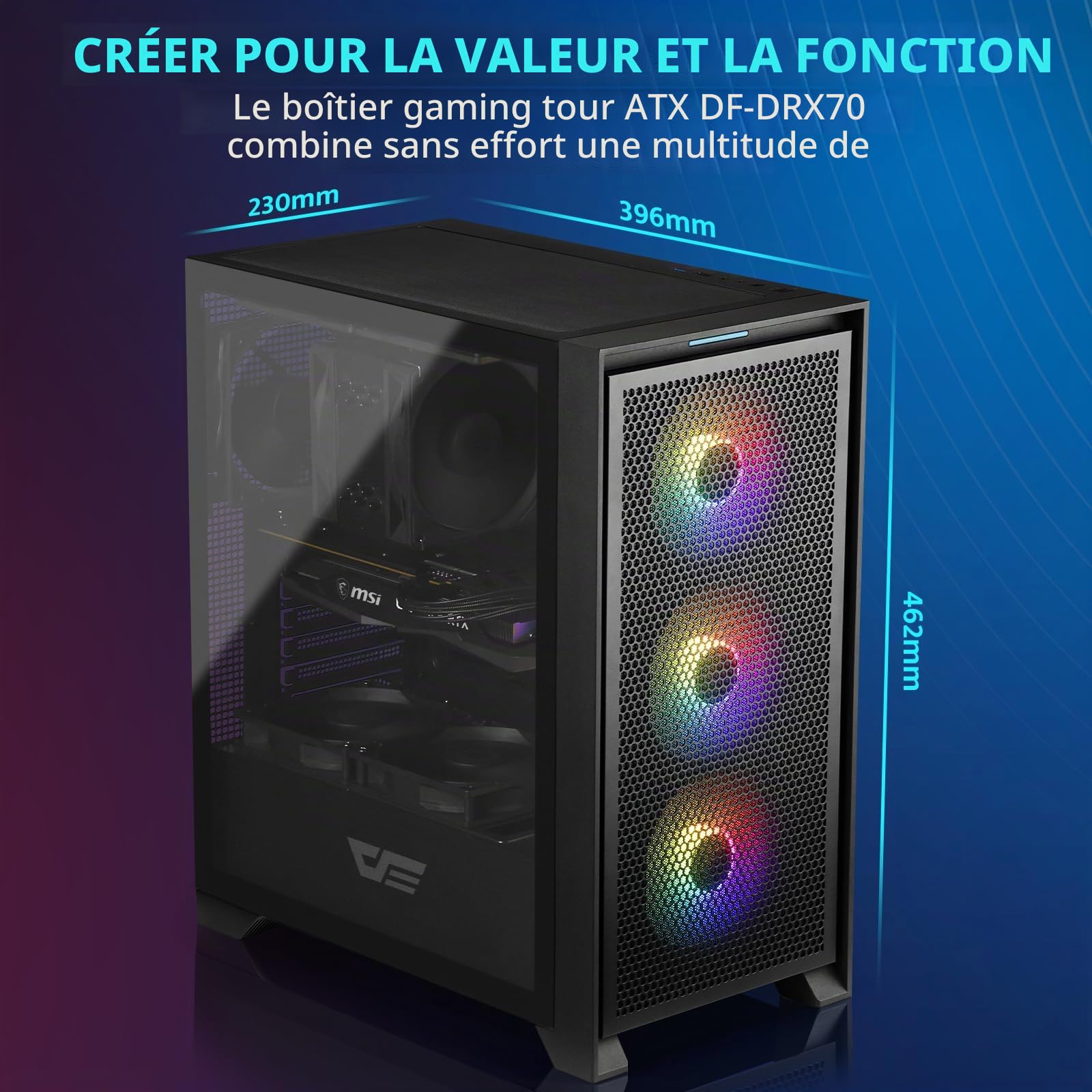 darkFlash ATX DRX70 Boîtier PC PC de Jeu pré-installé avec Panneau Avant en Maille et Panneau latéral en Verre trempé 3 x 120 mm Noir