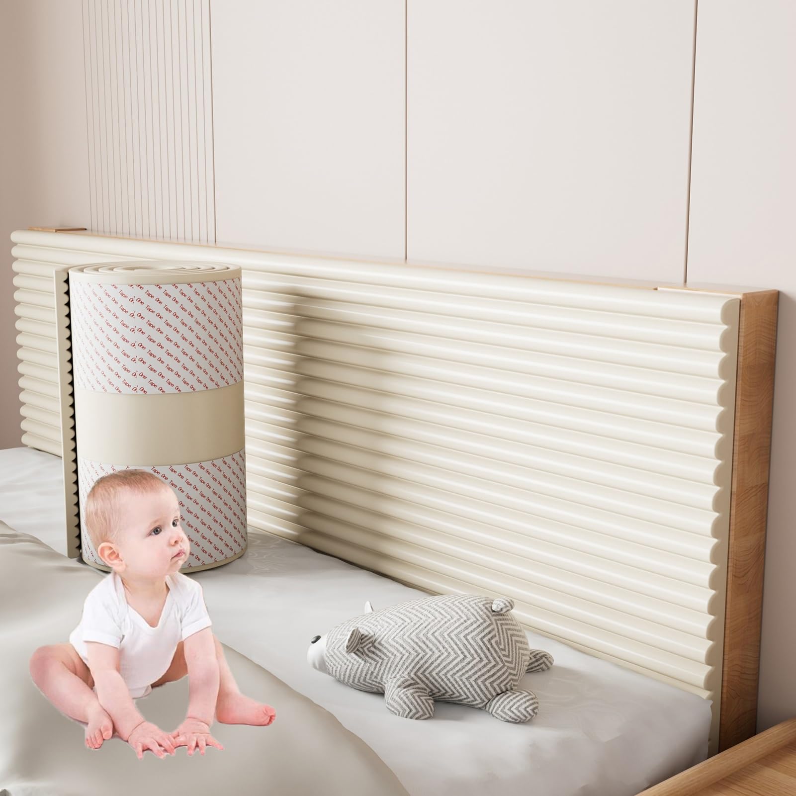 Bett Wandpolster Selbstklebend für Kinderzimmer - Wandpaneele Gepolstert - Kopfteil Wandkissen Schaumstoff Polsterpaneel Wand für Kinder Autismus, Dicke 10mm, Schalldicht Stoßfest(Beige,30x200 cm)