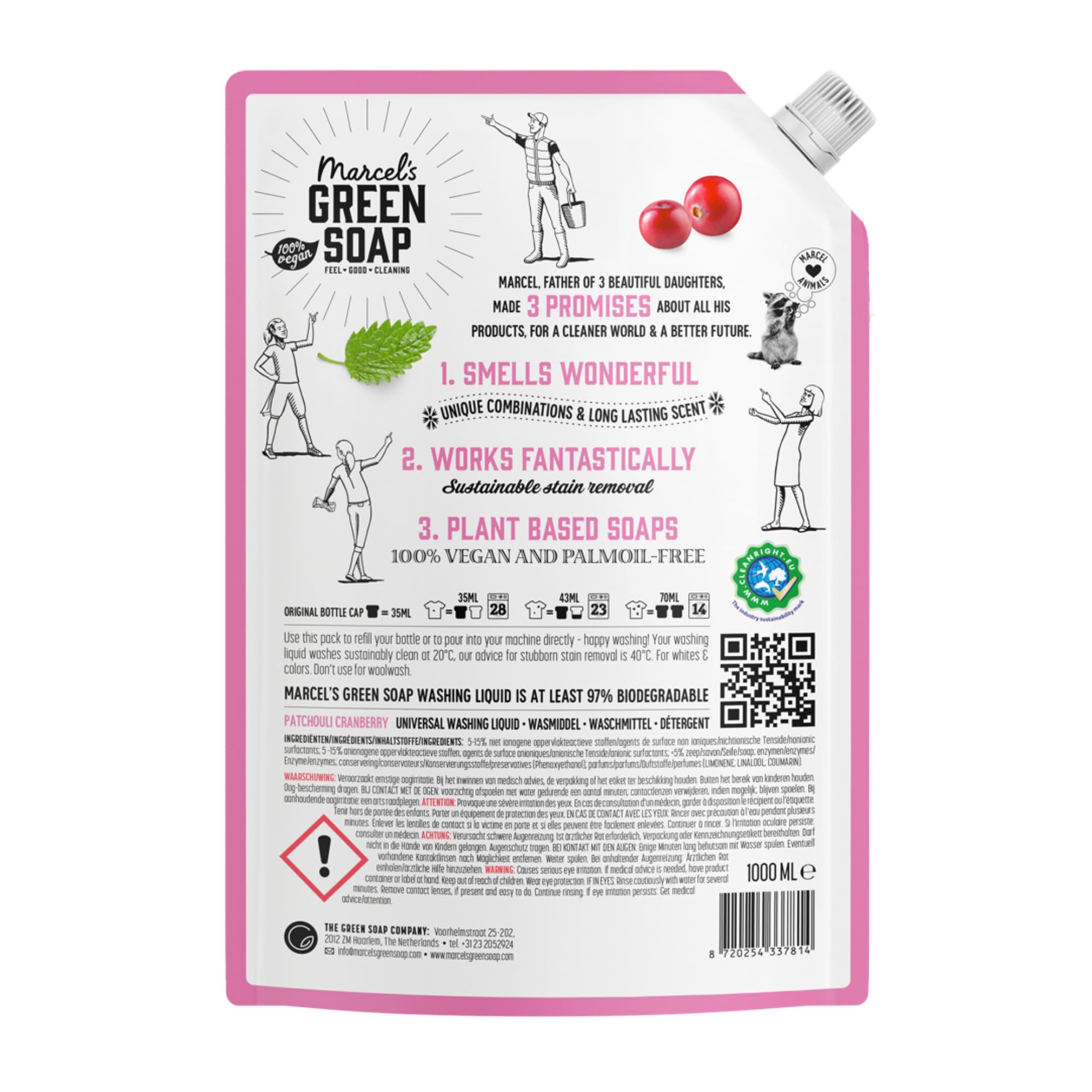 Marcel's Green Soap Universalwaschmittel Nachfüllbeutel Patschuli & Cranberry - Nachfüllpackung - Weiße und bunte Wäsche - Vegan - Mikroplastikfreie Formel - 92 Waschgänge - 1L (4er Pack)