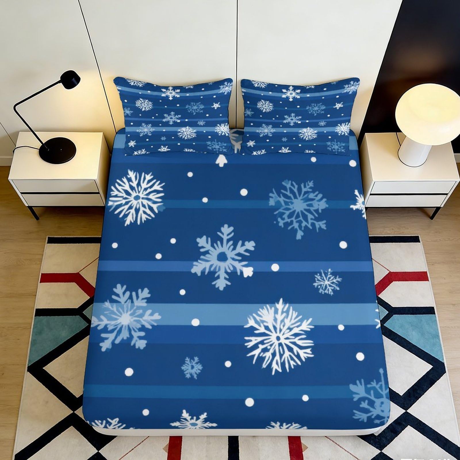 Pnayamiorkfel Style-10 3D Printed Snowflake Fitted Sheet Microfiber Blue Winter Pattern Mattress Cover For Bedroom Dorm Easy Care Decor 90X200x25cm