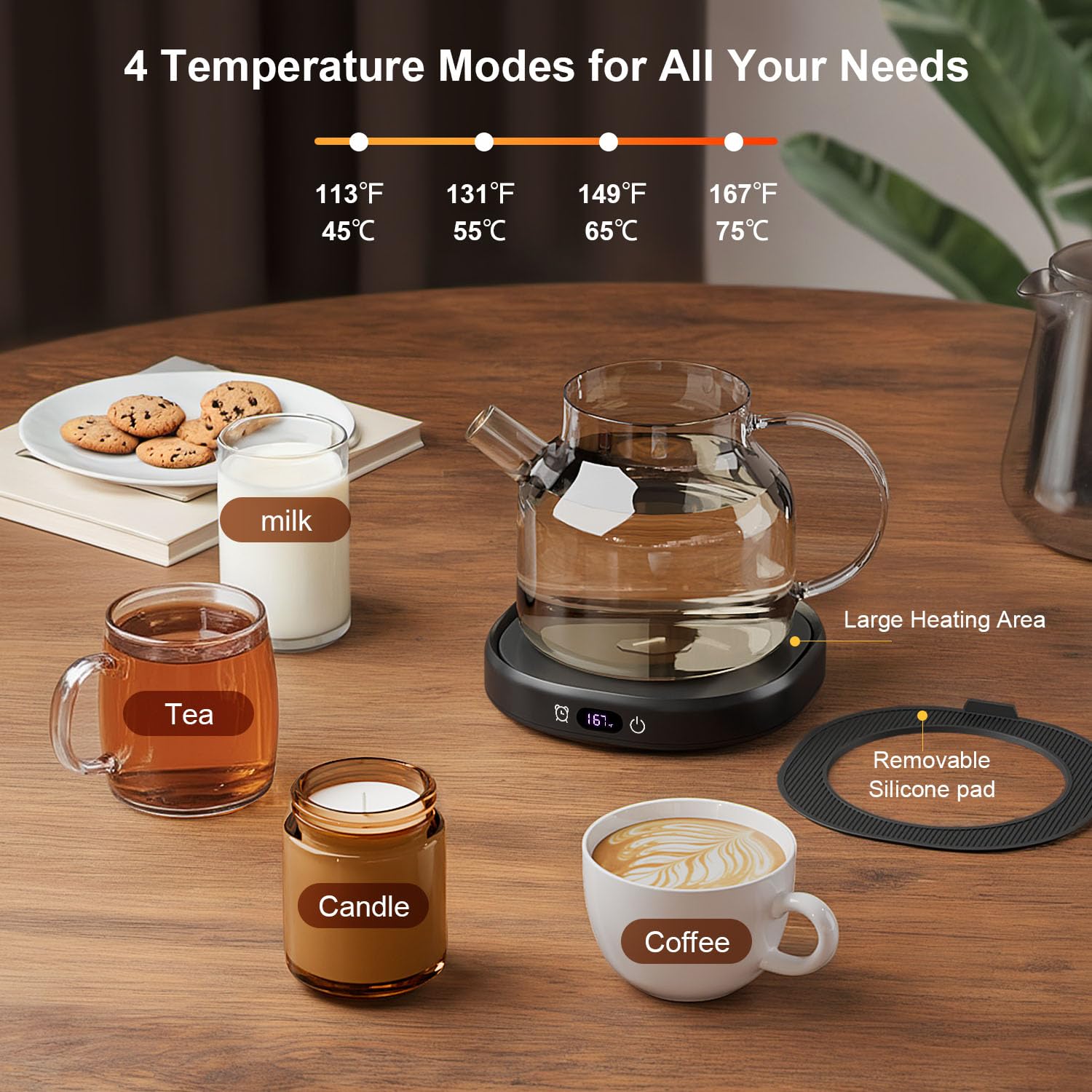 Calentador de tazas de café con bonito juego de tazas de gato, calentador de tazas de apagado automático de 8 horas para escritorio, oficina, hogar, calentador de café eléctrico con 4 ajustes de