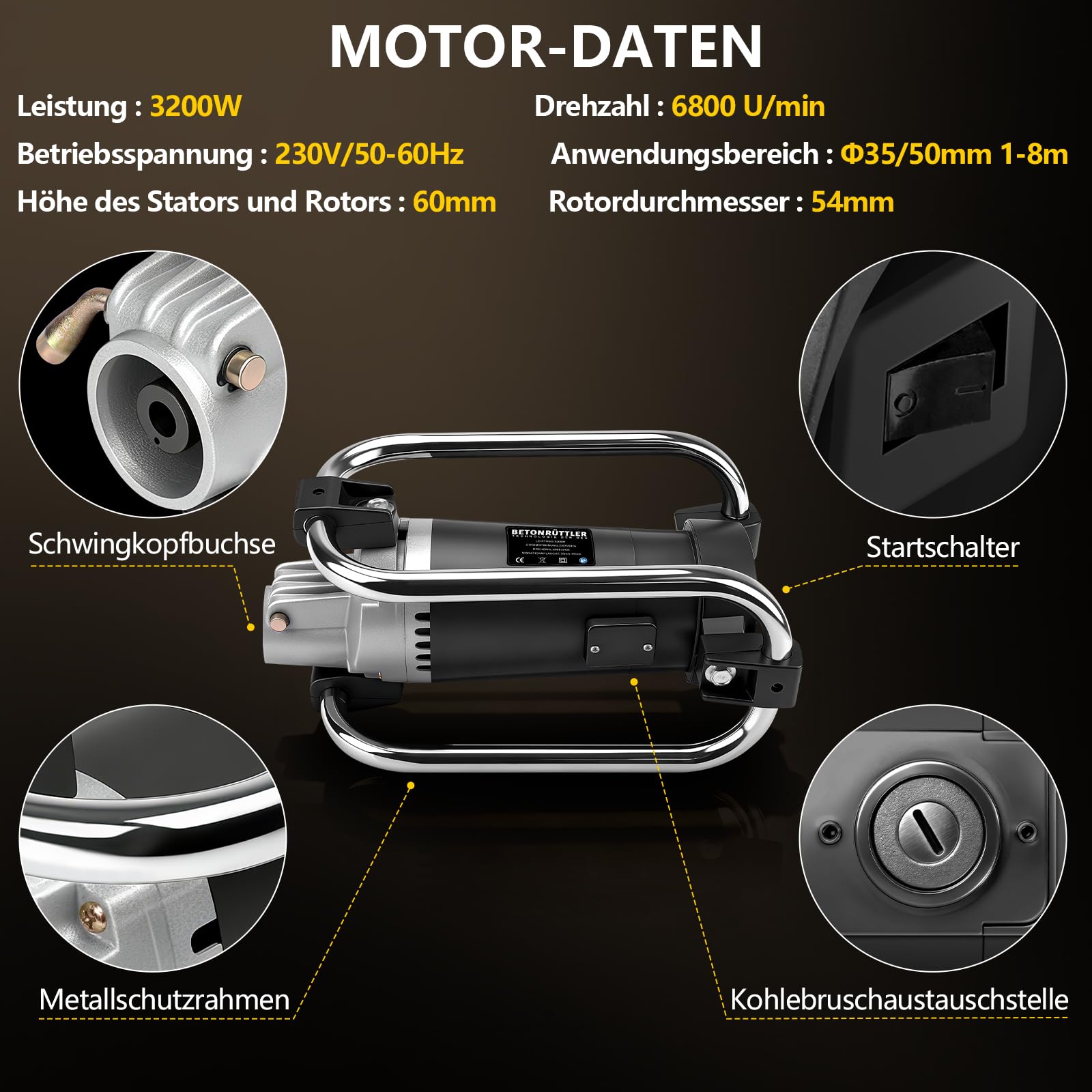3200W Betonrüttler mit 4m SCHLAUCHLÄNGE, 35 mm Flaschenrüttler | 6800 U/min Elektrisch Betonverdichter mit BetonStoßfester Rahmen, Beton Rüttelflasche für Fundamente, Säulen und Bodenplatten