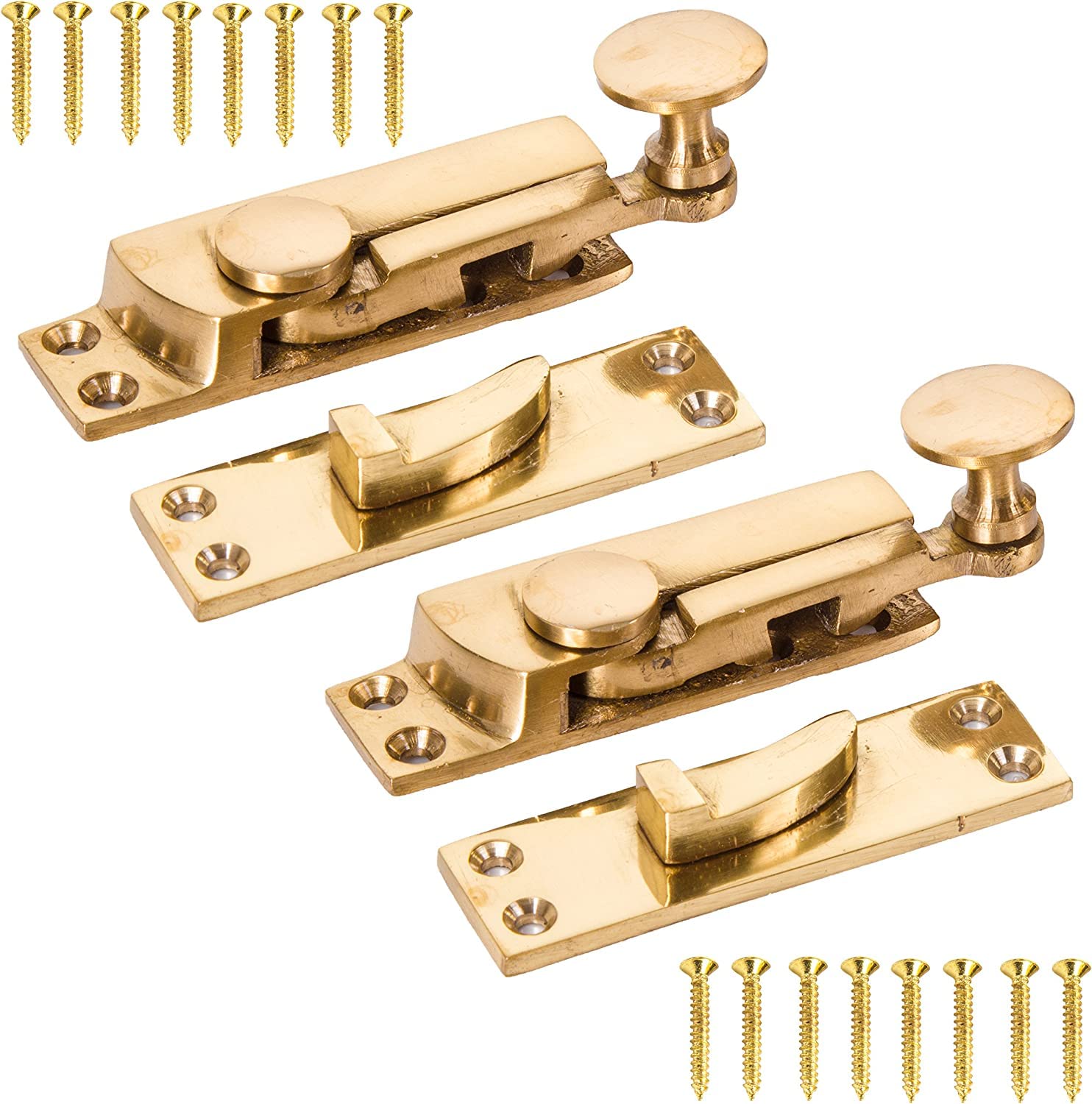 2X Solid Brass Sash Window Lever Quadrant Arm Sash Fasteners - Slide Locking Wood Frame Latches