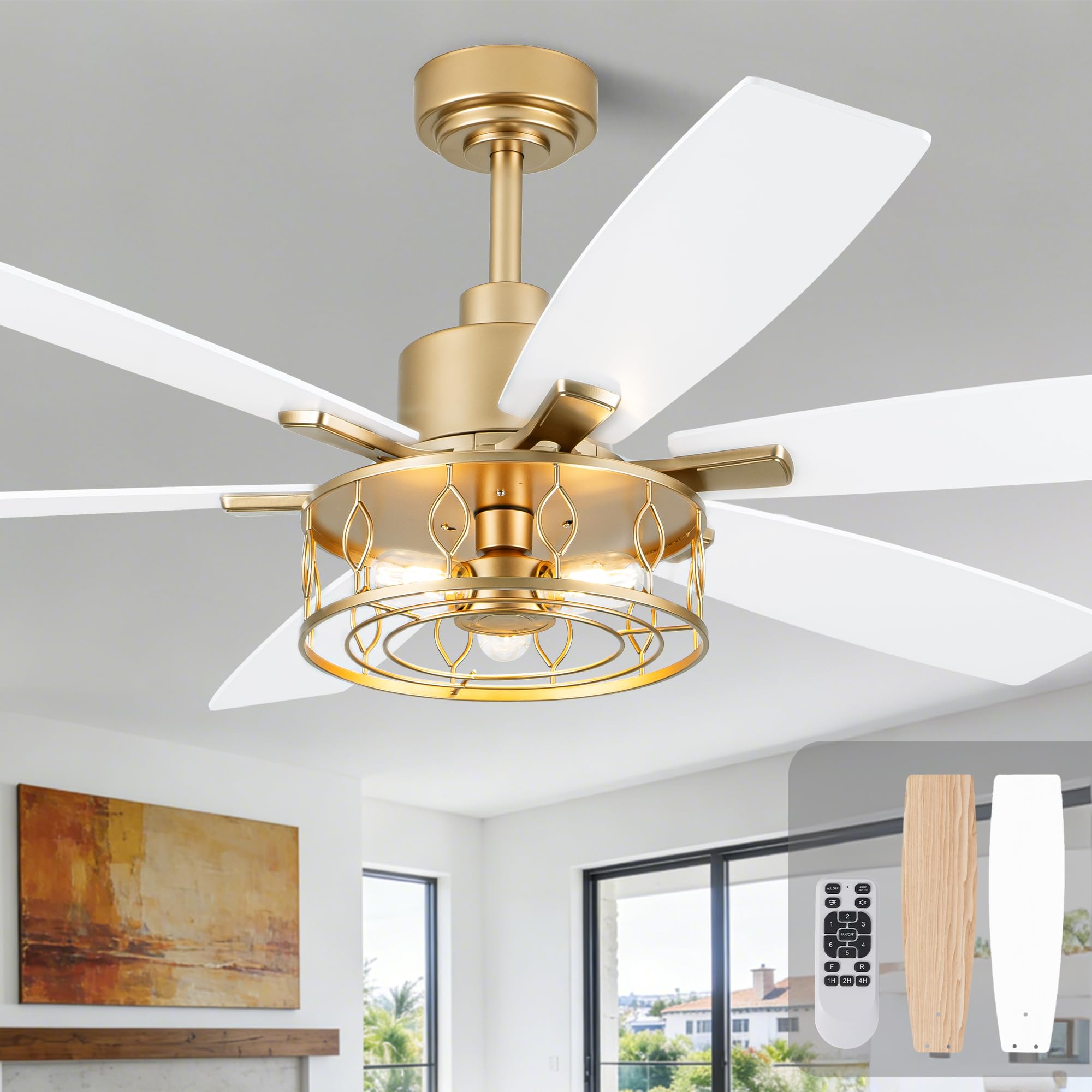 60 Inch Modern Ceiling Fan with Light and Remote, Gold and White Ceiling Fan with 6 Double Blades, Quiet Reversible DC Motor for Bedroom Living Room Kitchen Dining Room