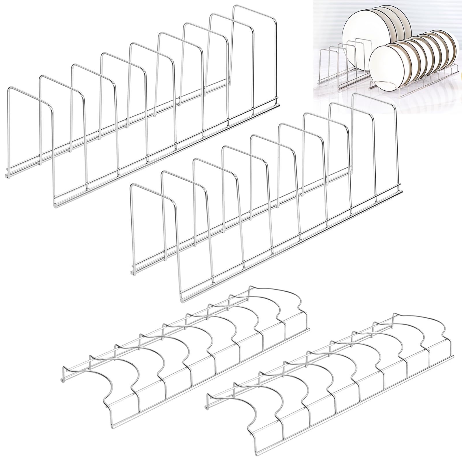Eidoct Silver 4 Pcs Plate Rack For Cupboard, Plate Organiser For Kitchen, Plate Rack For Cupboard,Suitable For Drying Bowls,Plates,Pots,Lids,And Cutting Boards