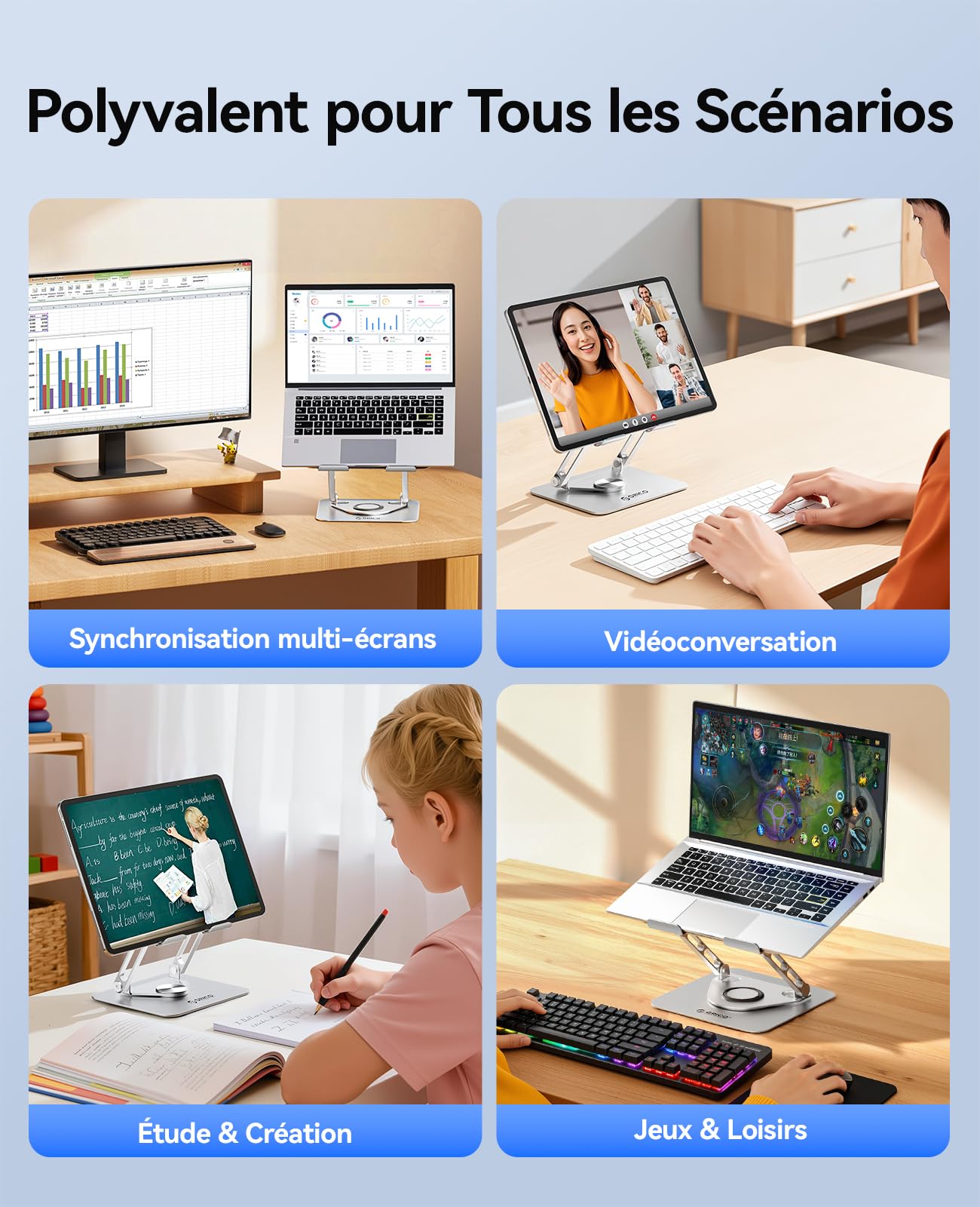 ORICO Support PC Portable Ergonomique Rotatif 360 Réglable Pliable Ventilé pour MacBook Air/Pro Dell XPS HP 10-17,3 Pouces ST12 Argent