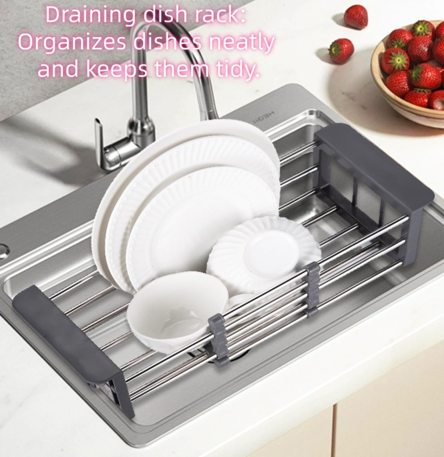 Rejilla de Secado de Platos sobre el Fregadero, colador de Fregadero de Acero Inoxidable retráctil Cesta de Drenaje telescópica Estante de Cocina Cesta de Drenaje Organizador