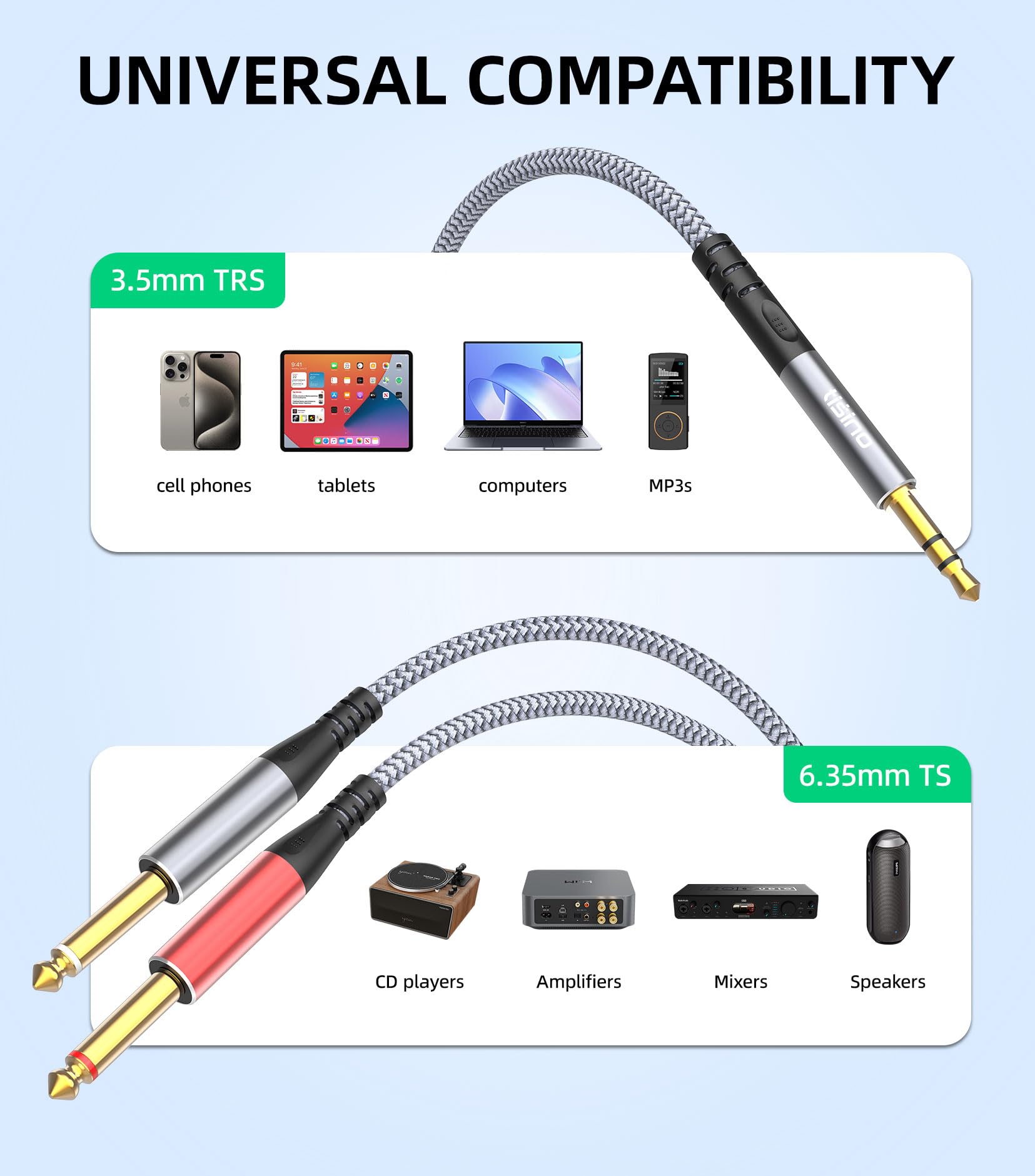 Tisino kabel audio stereo 3,5 mm do 2 x 6,35 mm TS, kabel Y 1/8 do 1/4, TRS do 2 x 6,35 mm mono jack do telefonu, laptopa, PC, miksera, głośników i wzmacniacza-1m