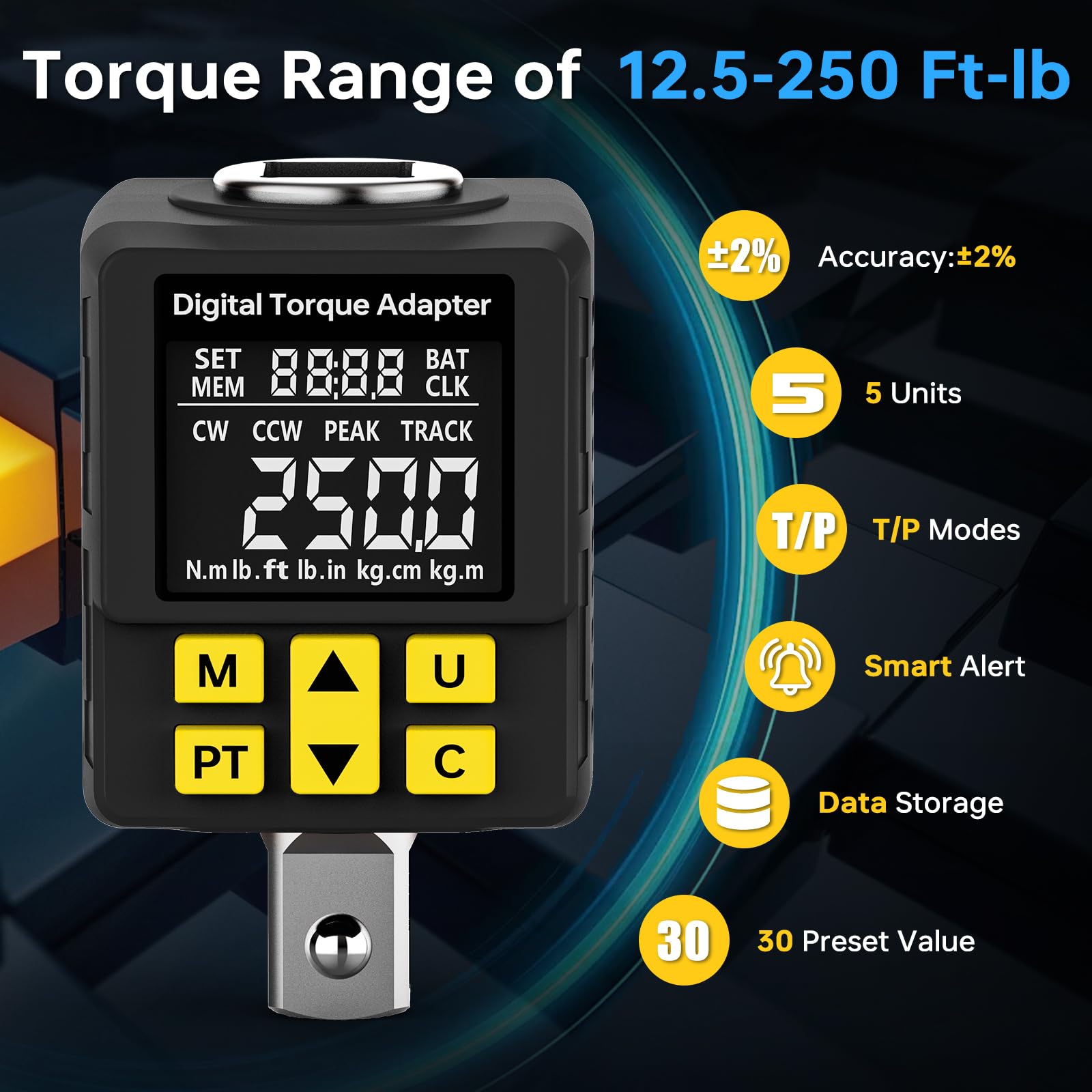YIYEIE 1/2" Drive Digital Torque Adapter, (±1% Accuracy, 12.5-250Ft-lb), Color Display Alert, Digital Torque Wrench Adapter for Car, Versatile Torque Meter - Peak/Track | Preset | Store/Delete(340N.m) — Amazon image 2