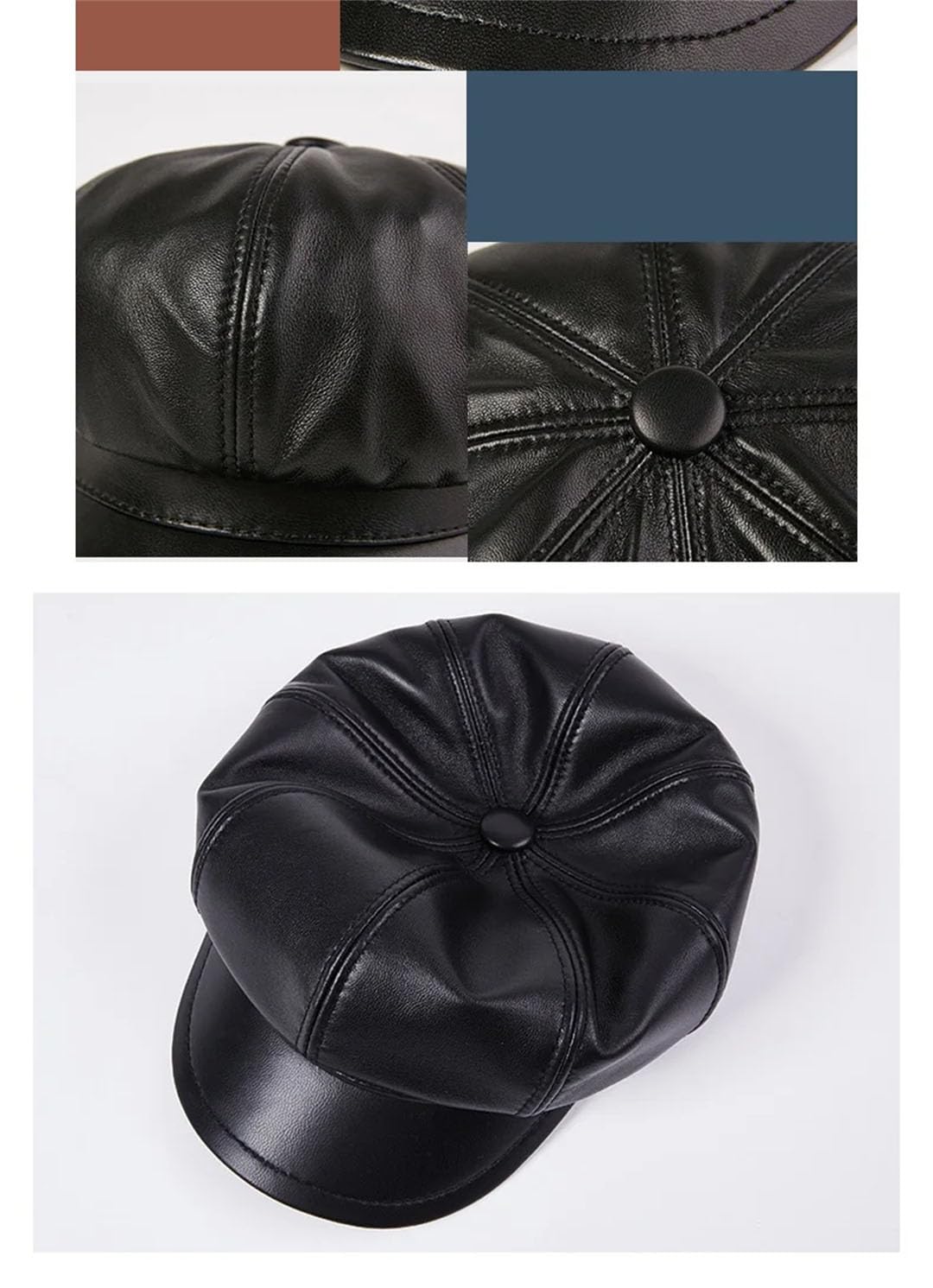 Gorra de piel auténtica para mujer, estilo vintage, de piel de oveja, estilo panadero, octogonal, para invierno