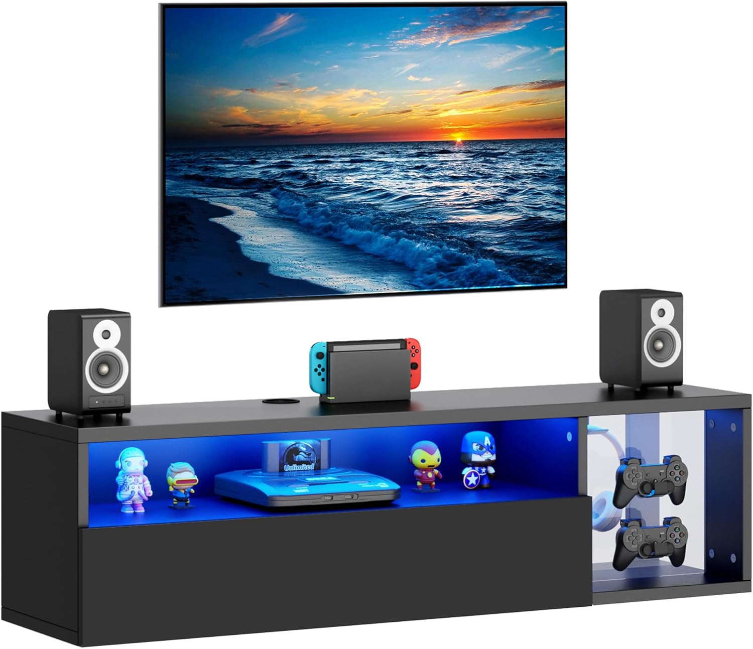 SogesPower Floating TV Stand Wall Mounted with Lights,LED TV Stand Floating Entertainment Center with Storage for Bedroom Living Room,Modern Floating Shelf for Under TV,Black 40inch