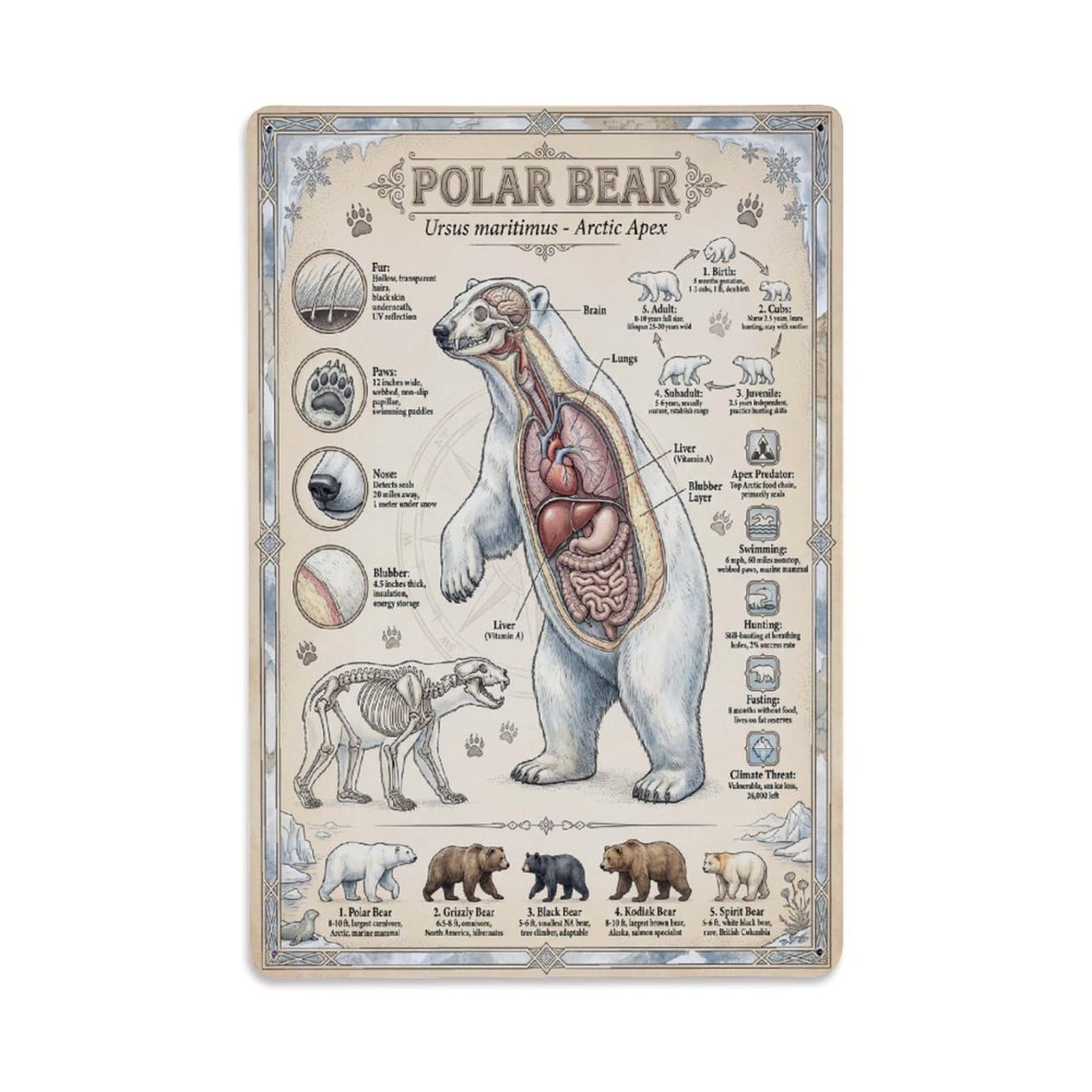 Retro Wildlife Biology Kid Animal Guide Polar Bear Anatomy Metal Tin Sign Plaque Wall Decor for Cafe, Man Cave, Club Bar, Office, Home Garden Round Metal Poster 8x12Inch