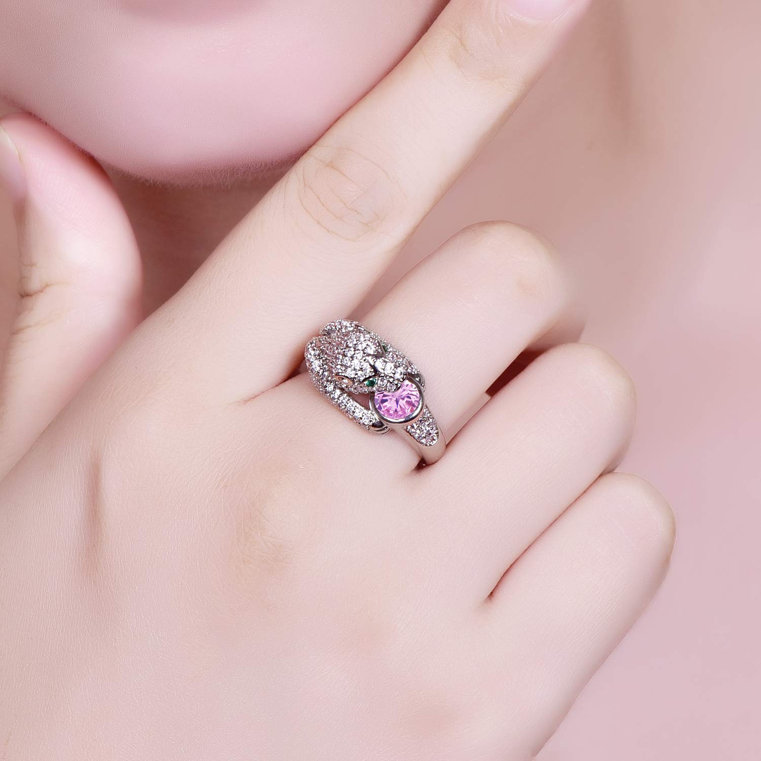 Emsione 925 Sterling Silver Plated Created Pink Topaz Animal Leopard Pave Wedding Engagement Eternity Ring for Women Men Size 8 Color Pink