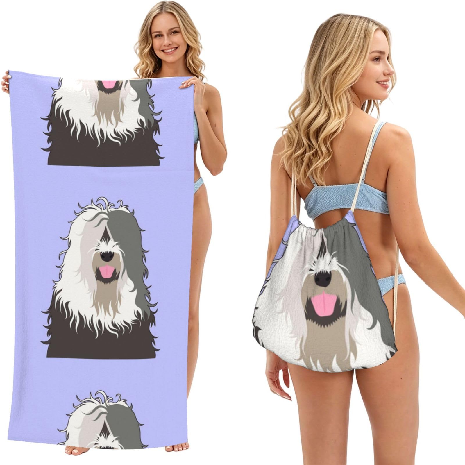 Poadnly As Picture Old English Sheepdog, 2 In 1 Packable Towel Bag, Beach Towels With Drawstring Backpack For Travel Holiday Camping