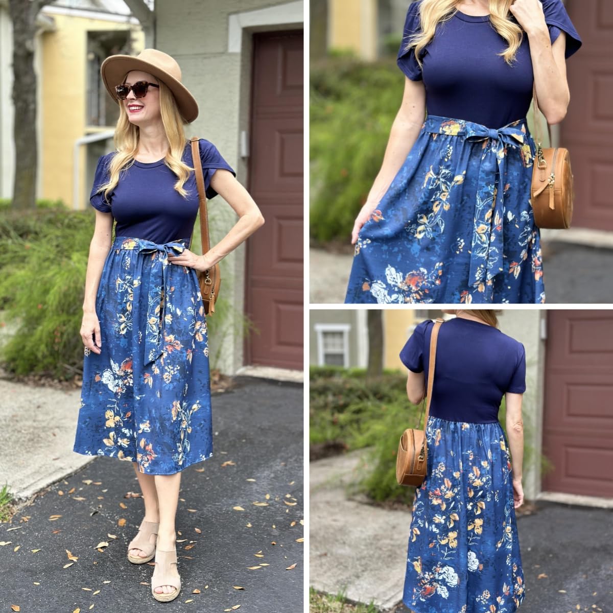 Zeagoo Abiti Estivi da Donna Scollo Rotondo Elegante Manica Corta Vita Alta Midi Abiti Casual Floreale Abiti con Tasche S-XXL