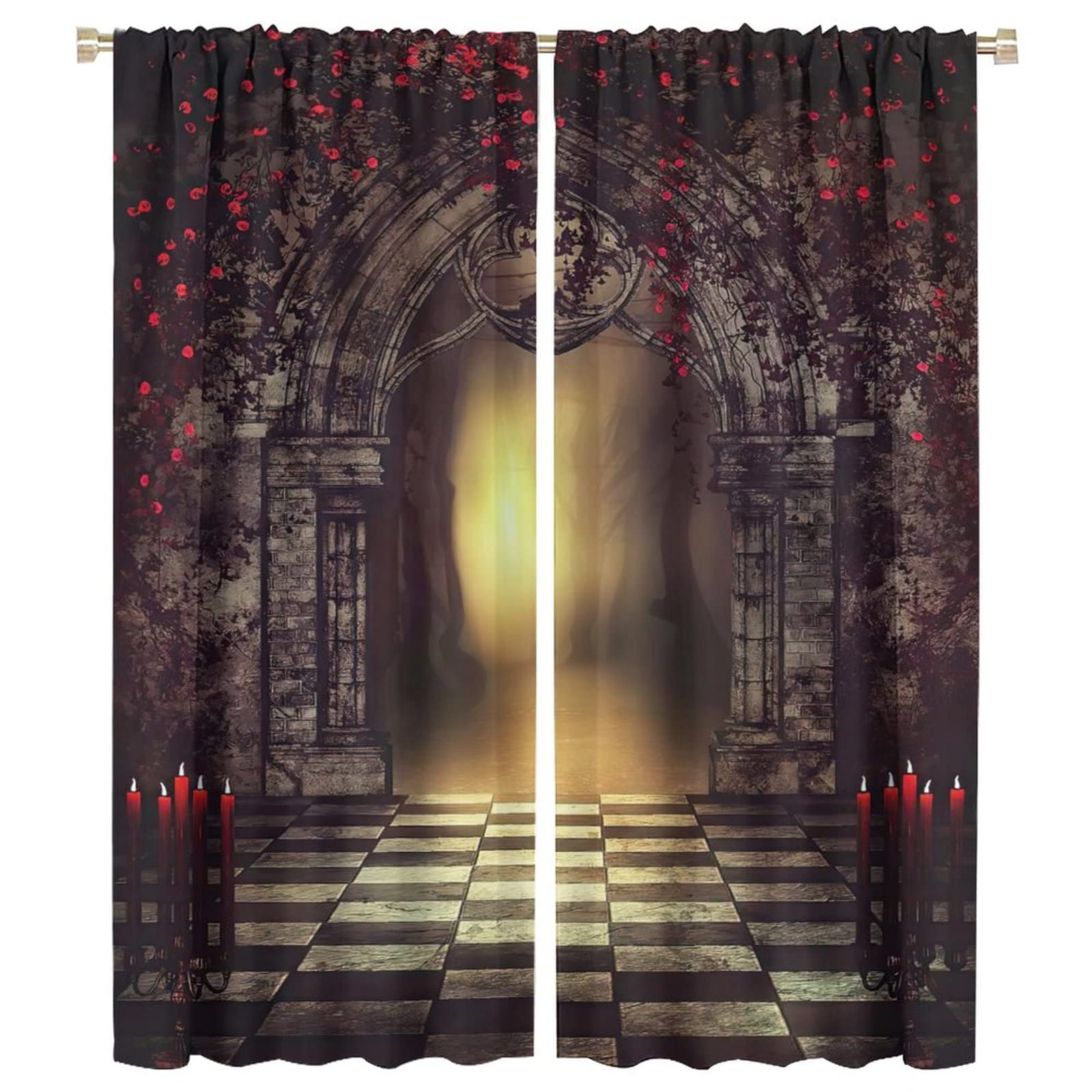 Gothic Blackout Curtains,Red Roses Medieval Castle Old Arch and Candles Thermal Insulated Drapes for Bedroom Living Room Window Curtains W42xL54in
