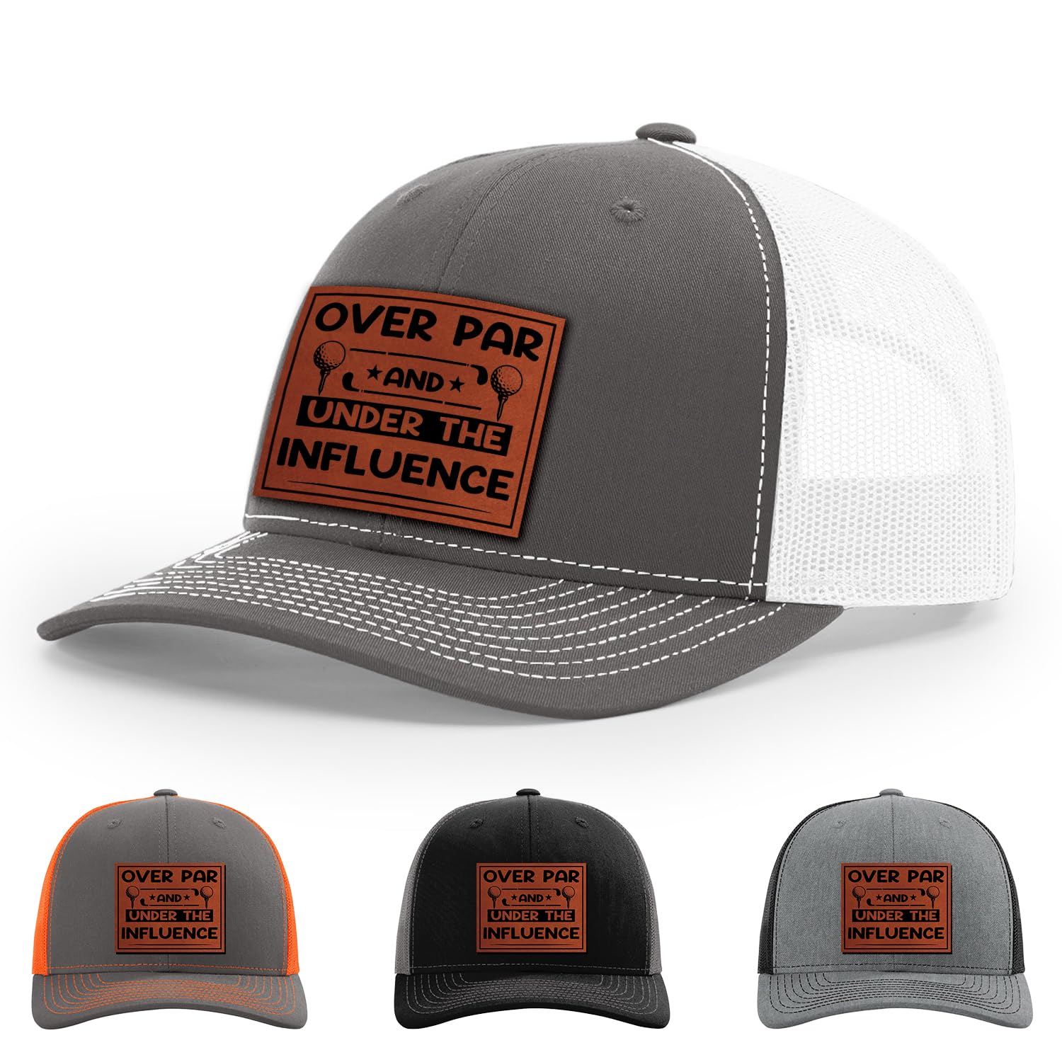 INK Over Par And Under The Influence, Summer Bachelor Party Hat, 112 Style Trucker Leather Patch Hat for Men & Women, 6 Panel Baseball Cap with Snapback Enclosure