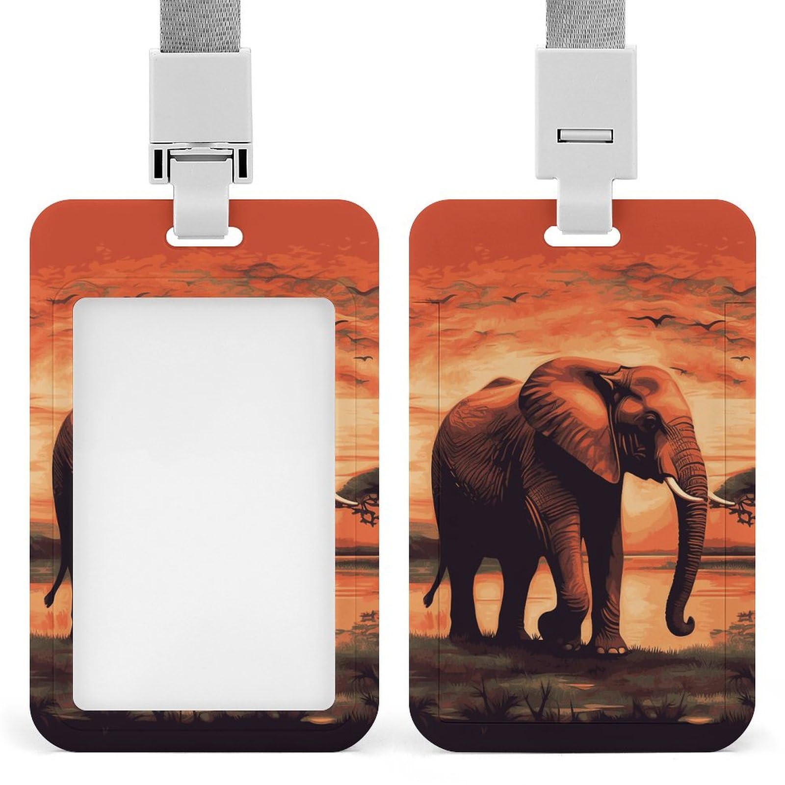 ID Card Holders for Lanyard,Sunset Elephant Printed Badge Holder with Clear Window,Plastic Vertical Bus Pass Holders for Work Teacher Nurse Employees Proximity Key Cards Women Men — image 1