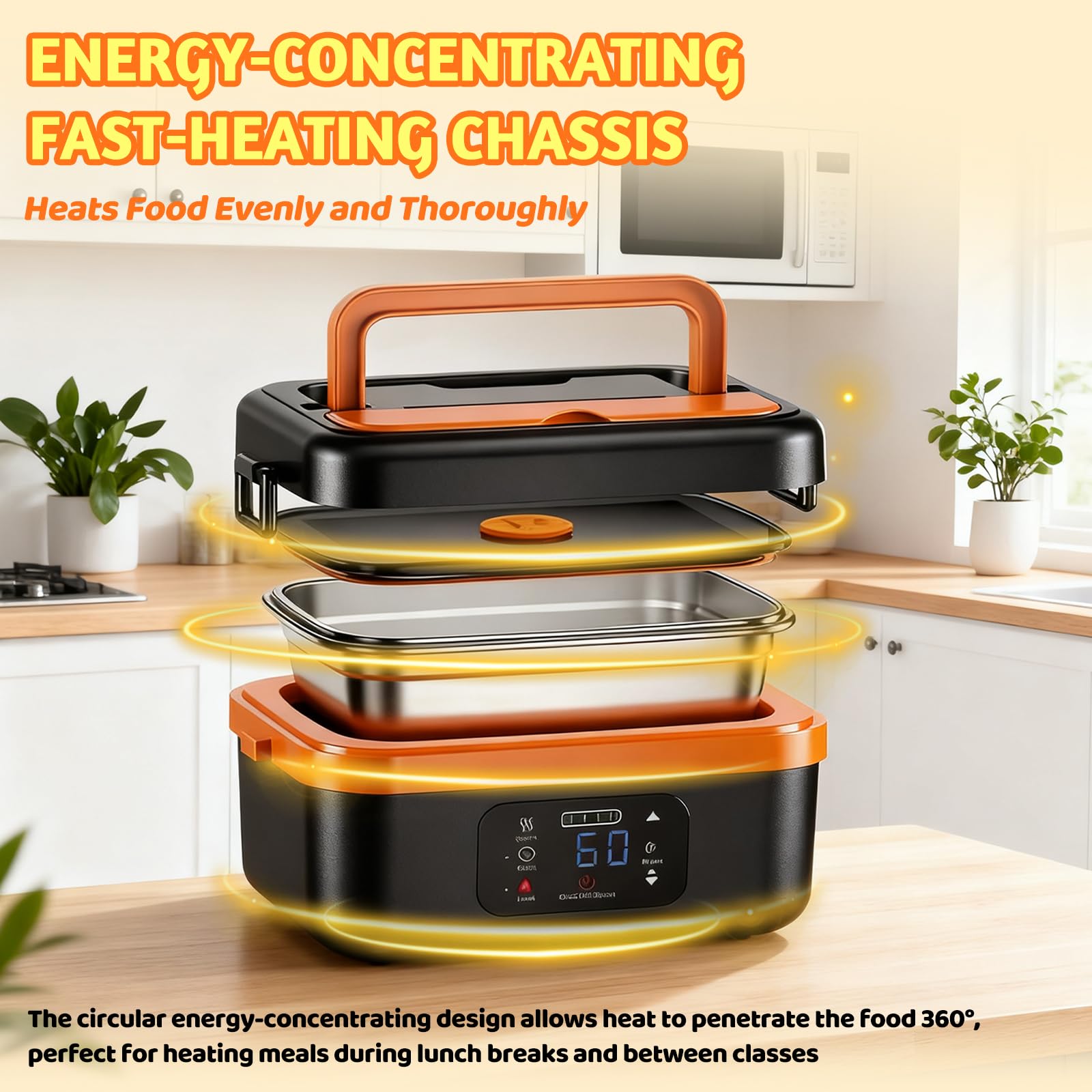 Lonchera eléctrica para alimentos, lonchera recargable para adultos, lonchera inalámbrica con autocalentamiento de 1 litro, contenedor interior extraíble de acero inoxidable 304, calentador de