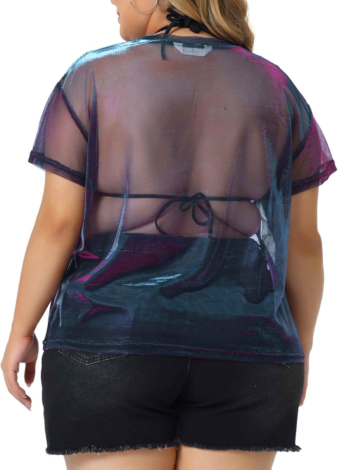 Agnes Orinda Plus Size Party Top for Women Sheer Mesh Holographic See Through Sexy Tops Blouse - Image 4