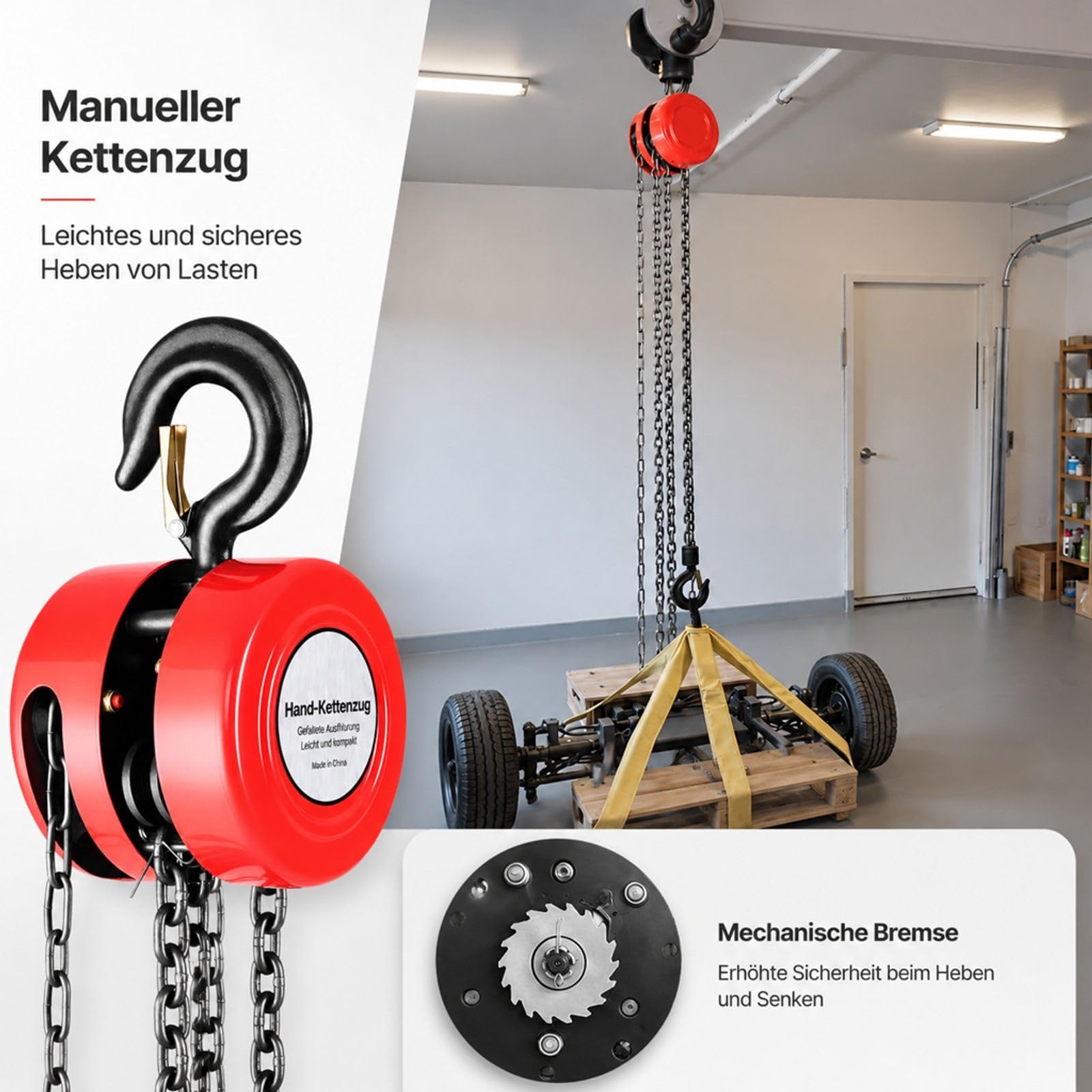 Handkettenzug 1 t rot für Garage Werkstatt Lager