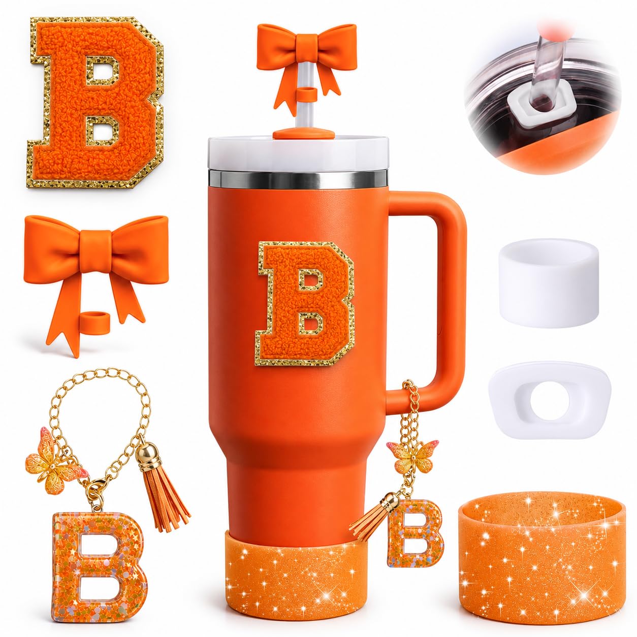 Amazon.com | 6PCS Orange Stanley Cup Accessories Set Fit for Stanley Cup  30oz 40oz,Including Spill Proof Stopper,Sparkly Silicone Boot,Bow Shape  Straw Topper,Personalized Sticker,Handle Charm (Letter B): Tumblers & Water  Glasses