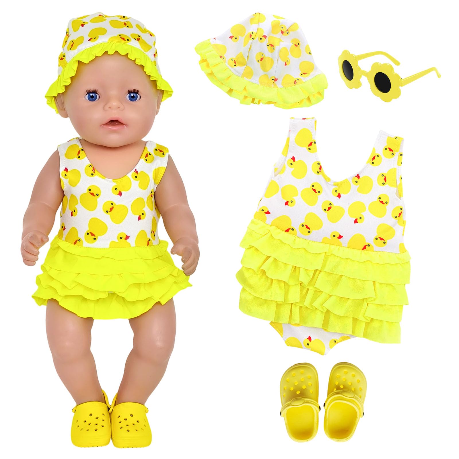 4 Pcs Baby Doll Swimsuit Clothes for 14-17 Inch Doll, Yellow Duck Doll Swimwear Set: Includes Hat, One-Piece Swimsuit, Goggles and Clogs for 35-43cm Dolls, Surprise Gift for Kids (Not Include Doll)