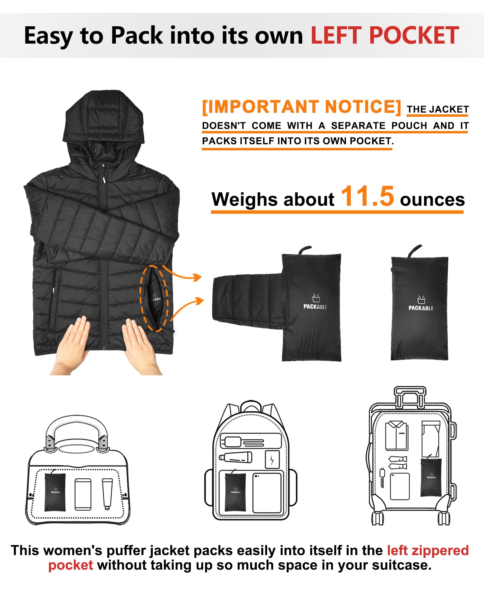Outdoor Ventures Veste d'hiver légère avec capuche pour femme, chaude, courte, compressible, matelassée, avec doublure, mi-saison, pour randonnée, voyage