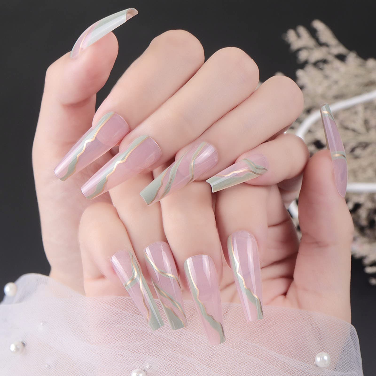 Amazon.com: BABALAL Long Press on Nails Glossy Reusable Nails Ballerina  Fake Fingernails Line Full Cover Artificial Nails for Women and Girls :  Beauty & Personal Care