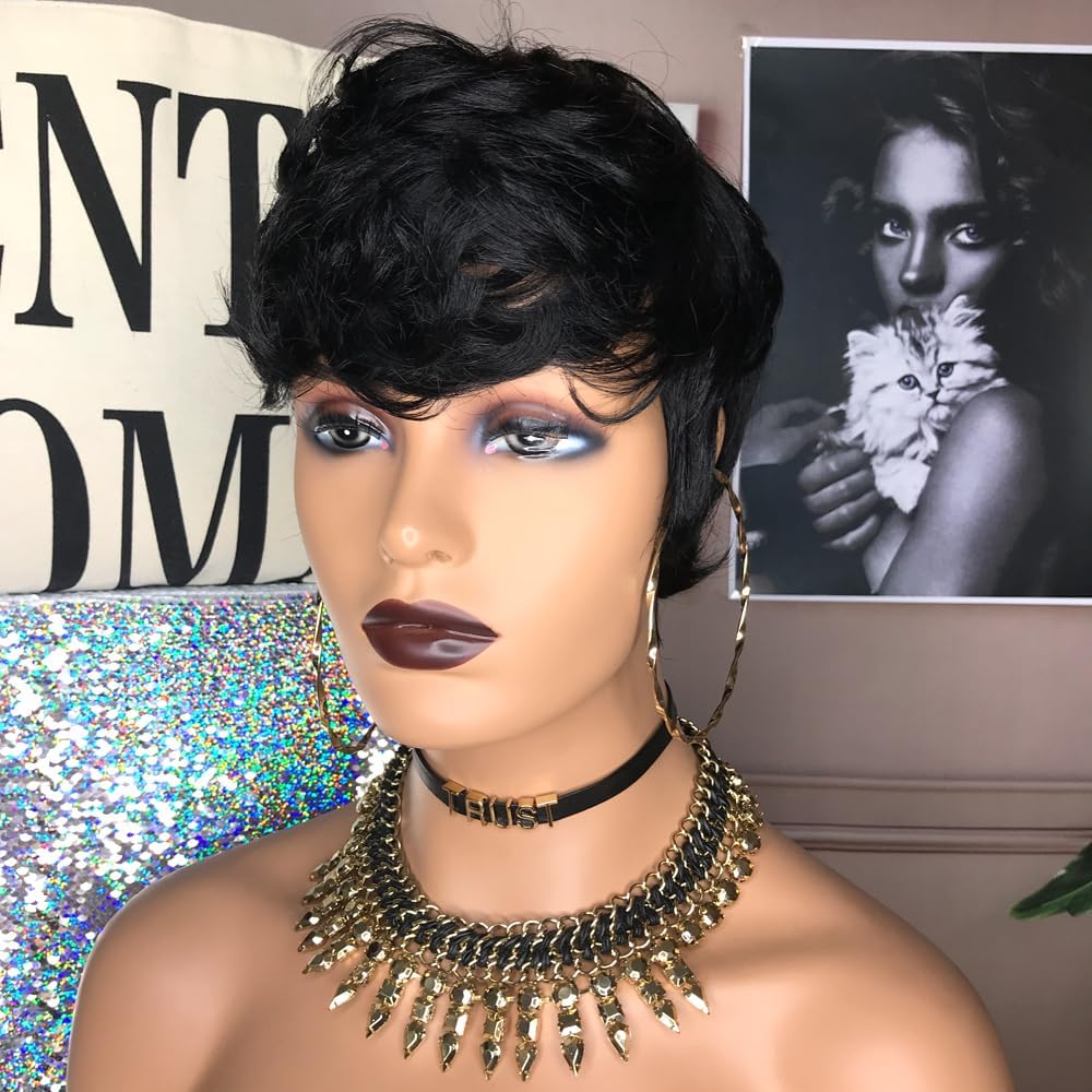 Pixie Cut Wigs Human Hair Mixed Synthetic, Short Wavy Layered Wig, Glueless, Breathable, Heat Resistant, Natural Look for Black Women, Daily, Party Use