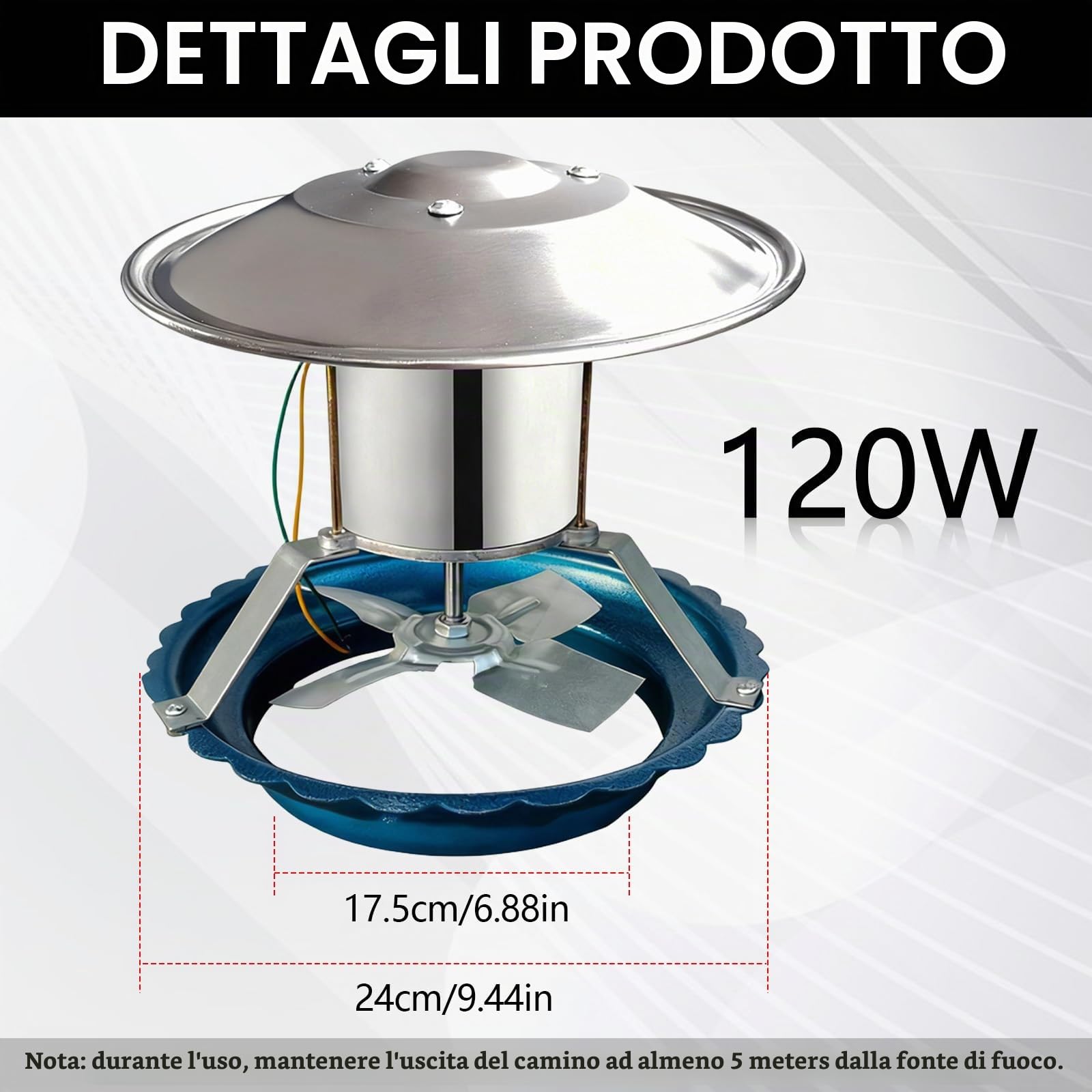 120W Aspiratore Fumo, Grande Ventilatore per Camino Ventola Aspirazione da 17,5-24 cm Aspiratore FuMi per Camino con 4 Pale Silenzioso Aspira Cenere Camino