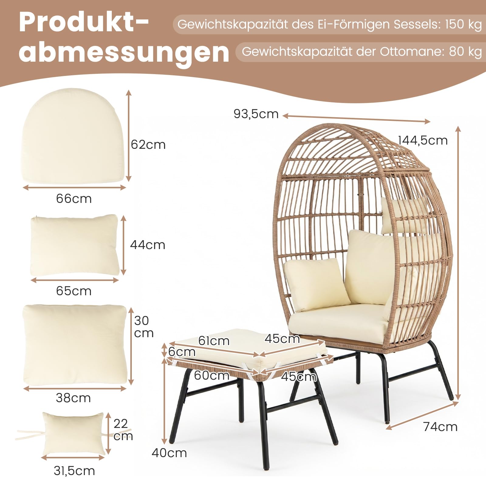 COSTWAY Korbsessel Rattan mit Hocker, Gartensessel mit Kissen und Metallgestell, Rattansessel, Loungesessel für Balkon, Garten, Wohnzimmer, Terrasse, Beige