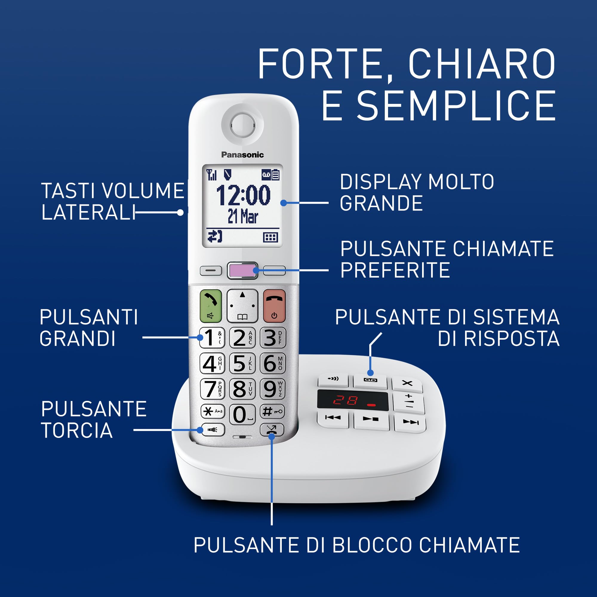 Panasonic KX-TGU432EXW Telefono Cordless Digitale con Segreteria Telefonica, Unità Base e 2 Ricevitori, Display LCD, Fav Call, Torcia, Compatibile con Apparecchi Acustici, Bianco e Argento
