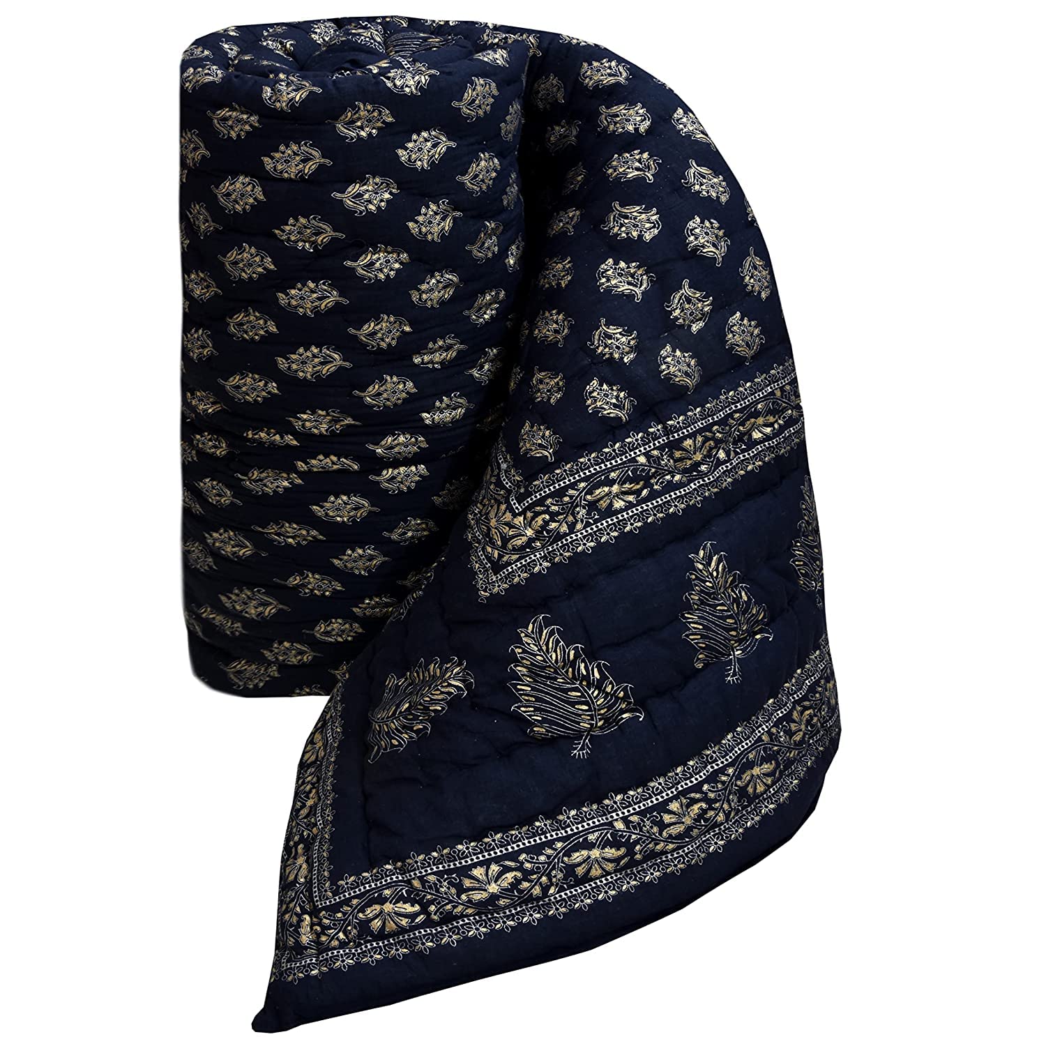 ManavRachit Pure Cotton Rajai Gold Printed Jaipuri Sanganeri Traditional Double Bed Rajai/Quilt/Comforter (85 Inches X 100 Inches)(Blue)