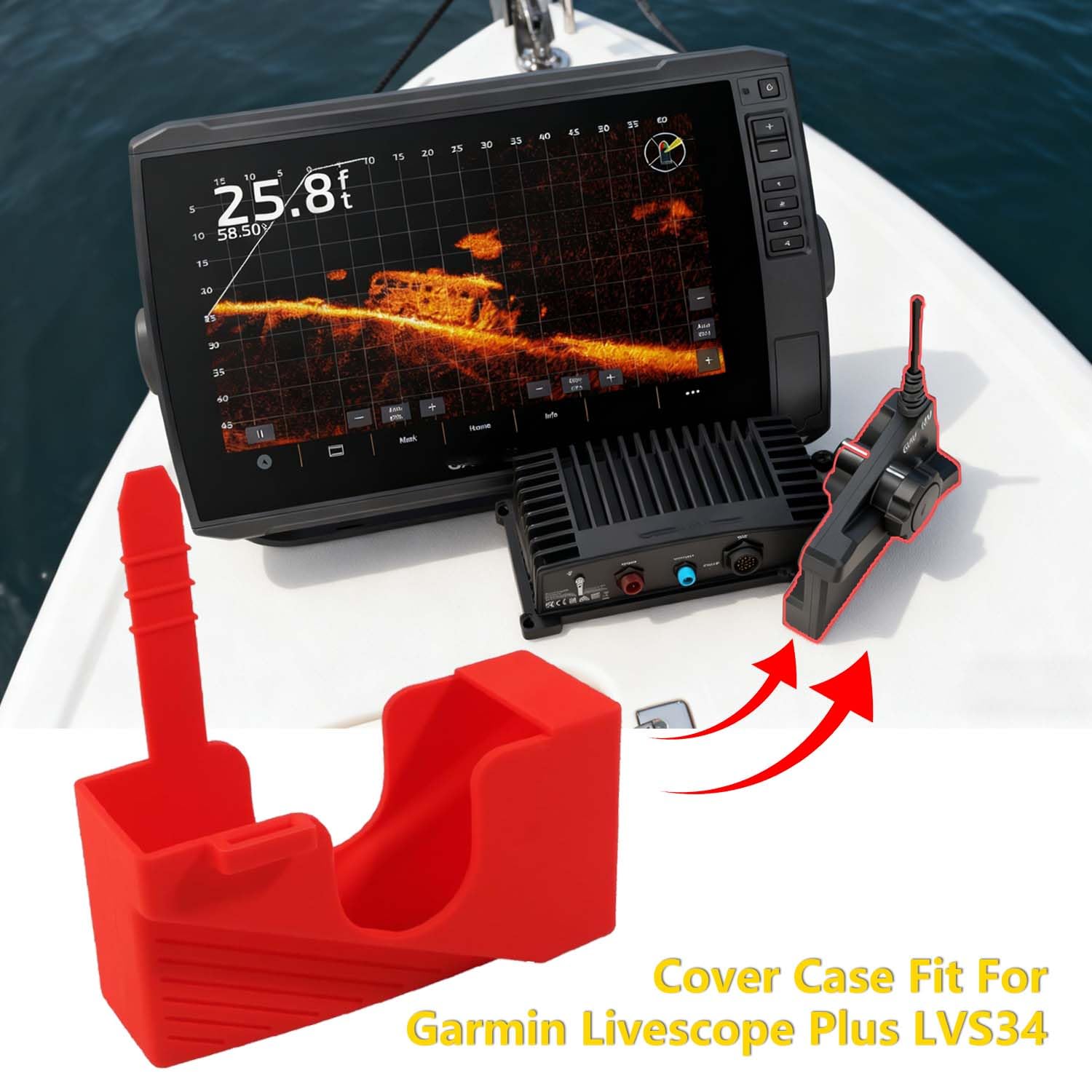 Housse de transducteur de voyage pour Garmin Livescope Plus LVS34 | Coque de transducteur en silicone souple pour Lowrance ActiveTarget 2, protégez votre transducteur (rouge)