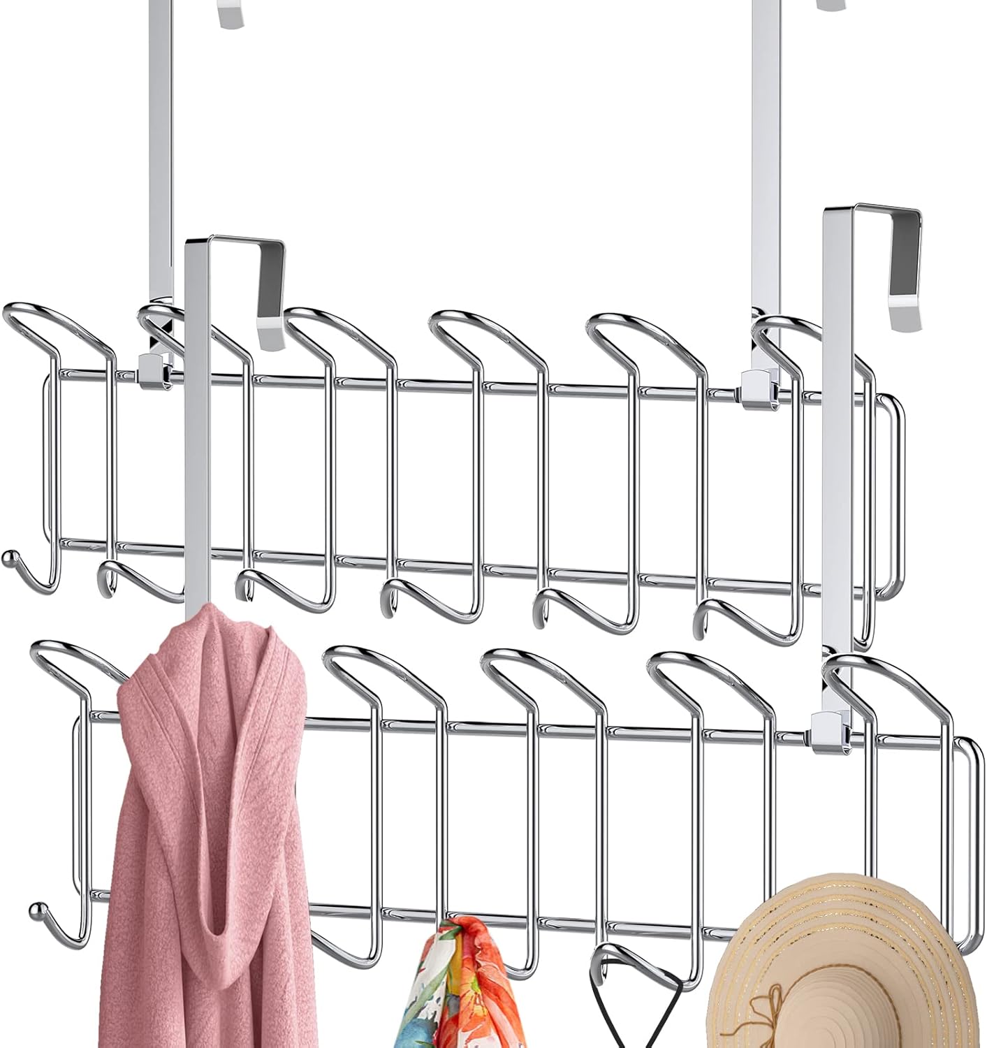 Over The Door 13-Hook Rack Heavy-Duty Set of 2, Wall Mounted Coat Rack，Door Clothes Hanger for Living Room, Cloakroom, Bathroom, Chrome Finish