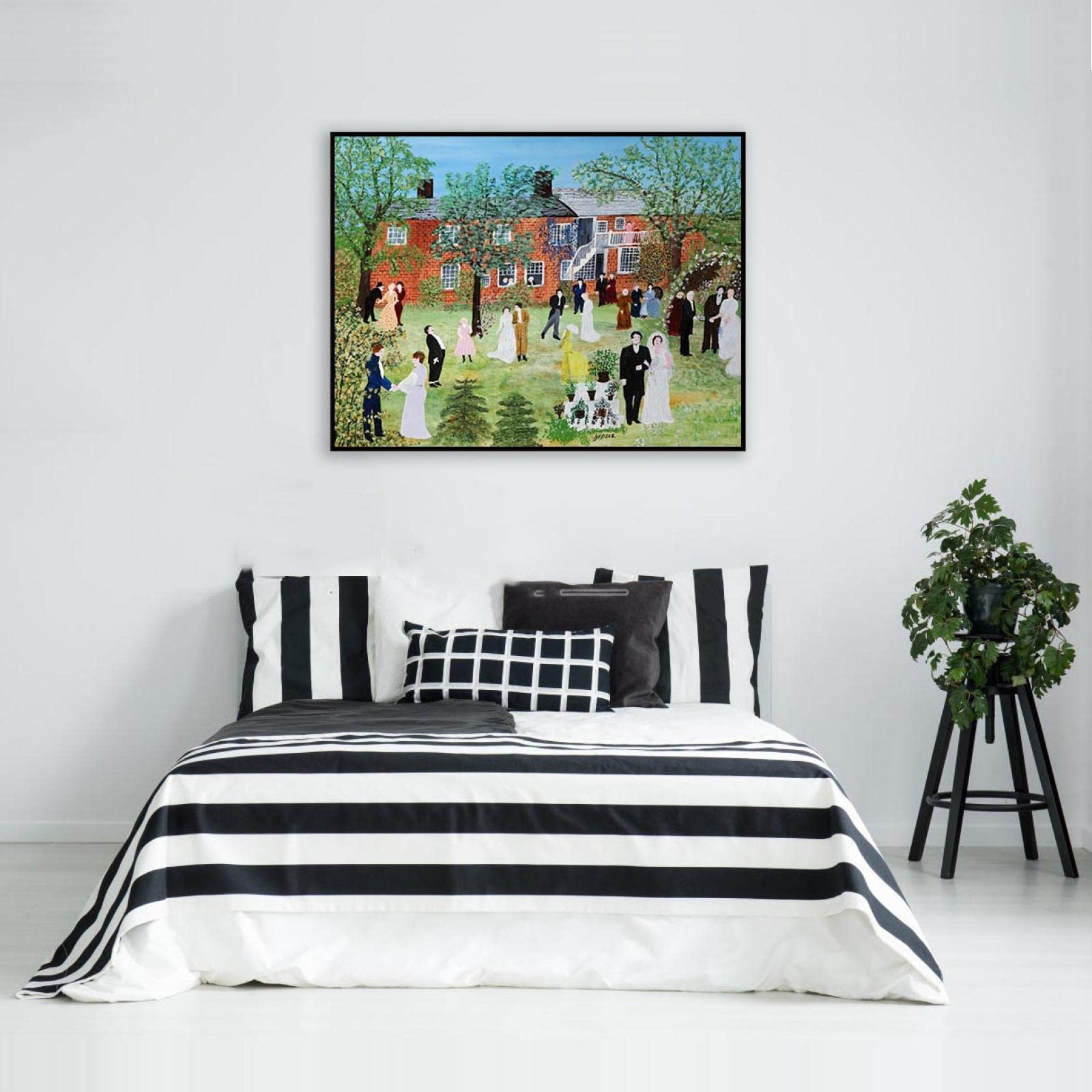 JZSDGB Marco negro-Grandma Moses Pintura Reproducción de Carteles Cuadro en lienzo-impresión Obras de Arte-Paisaje Cuadros famosos impreso sobre lienzo(una boda en el campo) 80x120cm(31x47in)