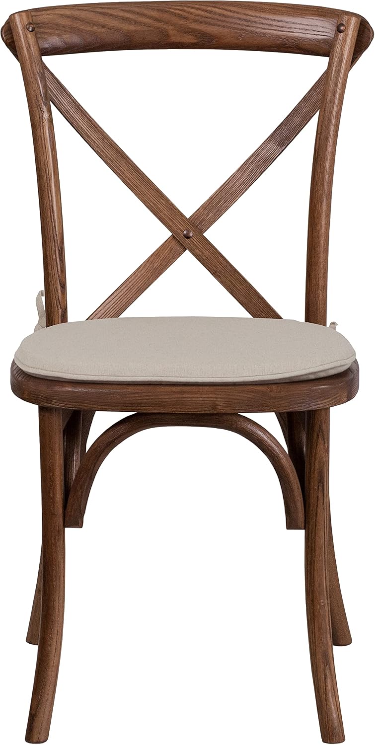 EMMA + OLIVER Stackable Pecan Wood Cross Back Chair with Cushion