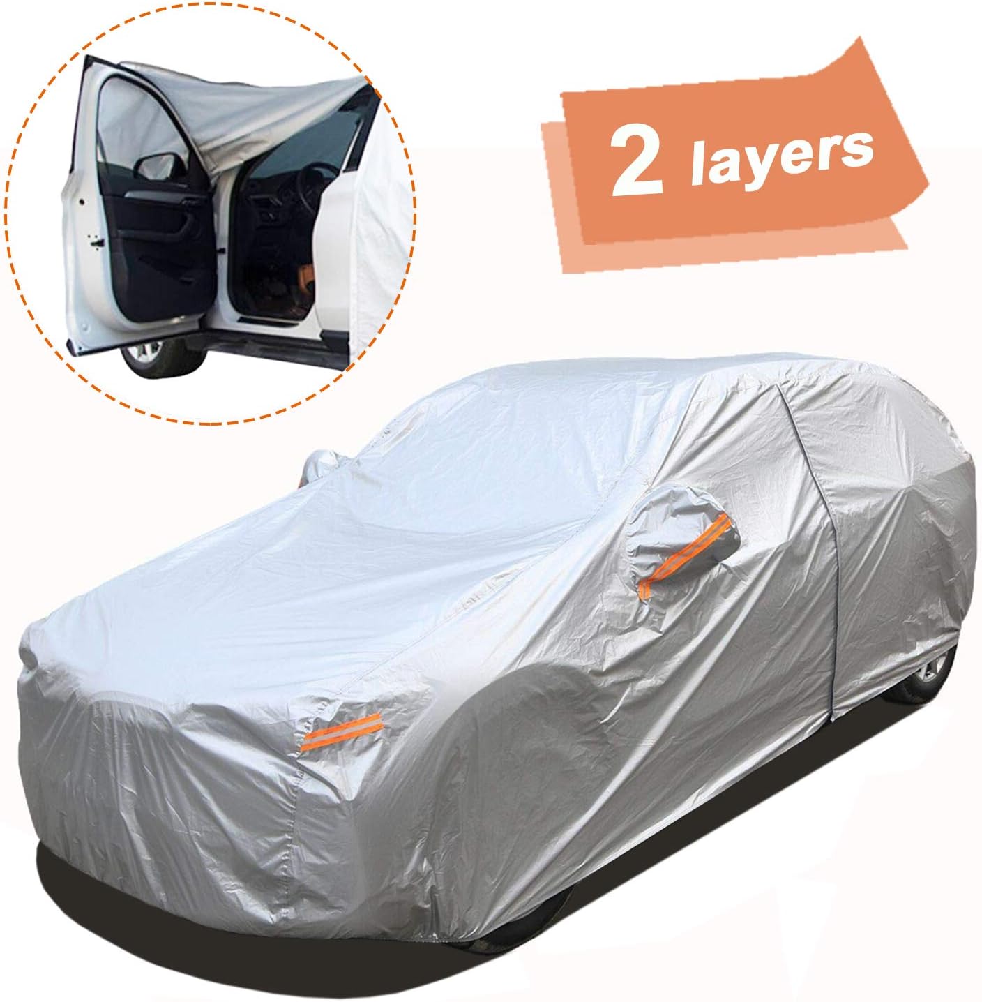 SEAZEN 2 Layers SUV Car Cover Waterproof All Weather, Outdoor Car Covers for Automobiles with Zipper Door, Hail UV Snow Wind Protection, Universal Full Car Cover(510cm x193cmx150cm)