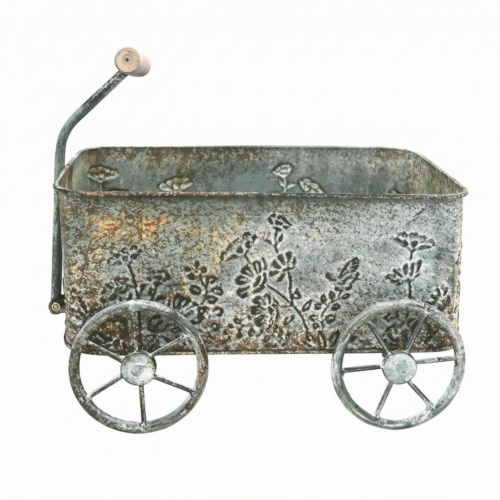 Iron Planter Cart Distressed Antique Finish Decorative Cart Planter Embossed Flower and Leaf Garden Decor for Patio Light Blue-image-46